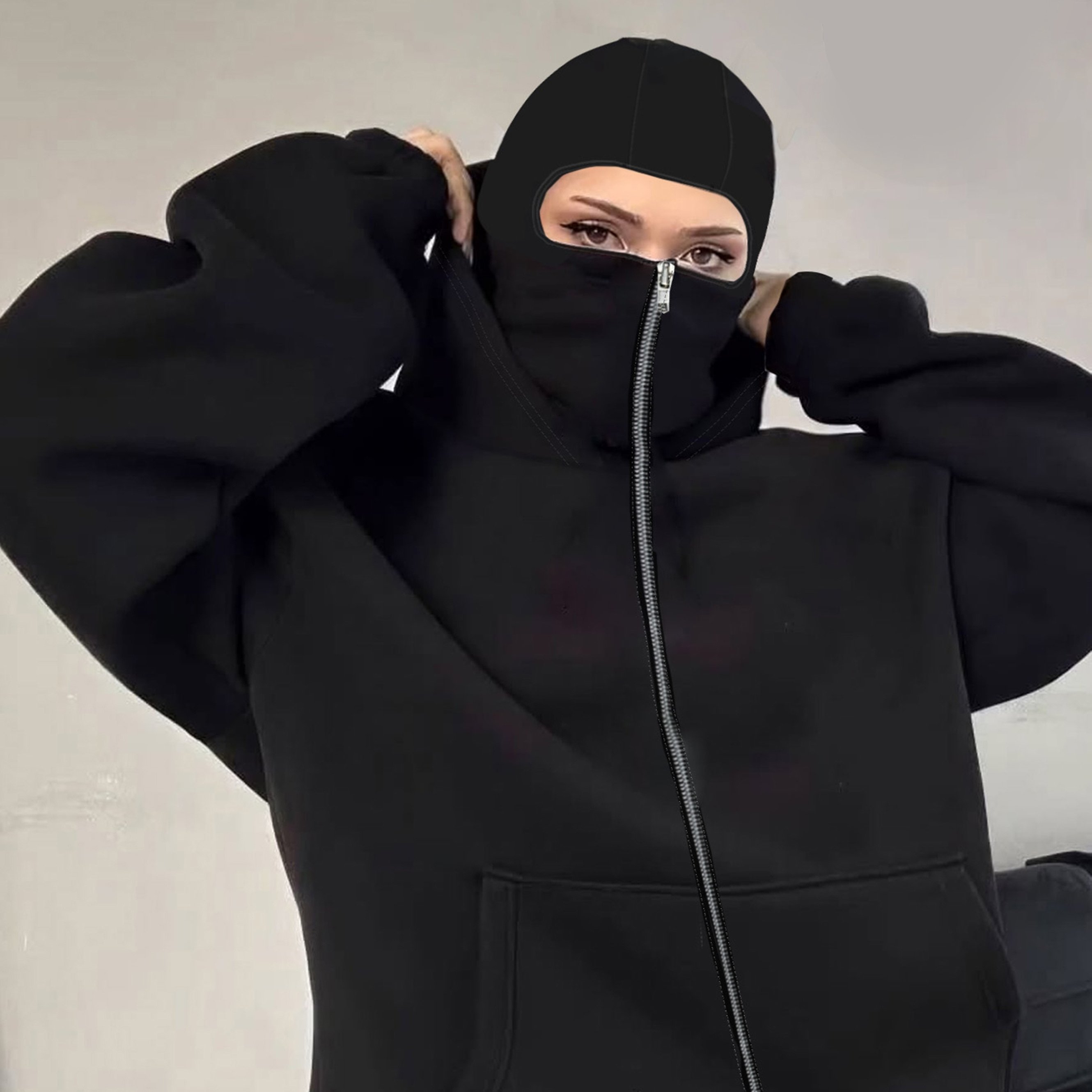 TEMU Women's Fashion Casual Solid Color Double Hood Balaclava Zip-up Sweatshirt Double Hooded Hoodie
