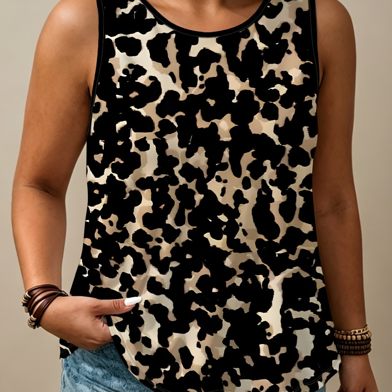 TEMU Vintage Leopard Print Abstract Sleeveless Tank Top, Plus Size Women's Loose Sleeveless Top, Summer Cool Casual Sports Vest, Fashionable And