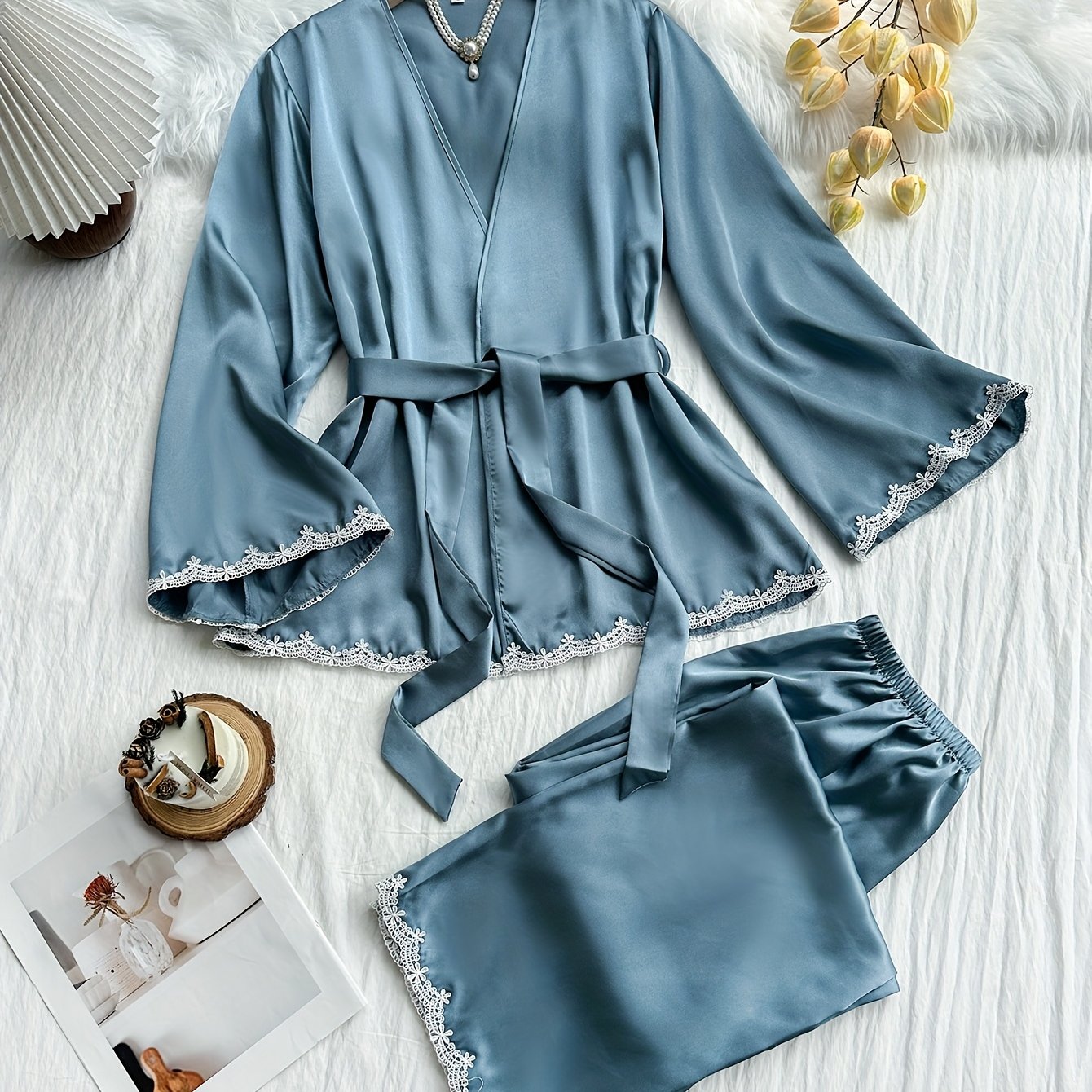 TEMU Autumn-winter Women's Pajama Set With Romantic Lace Embroidery, Comfortable Casual Long Pants Sleep Robe