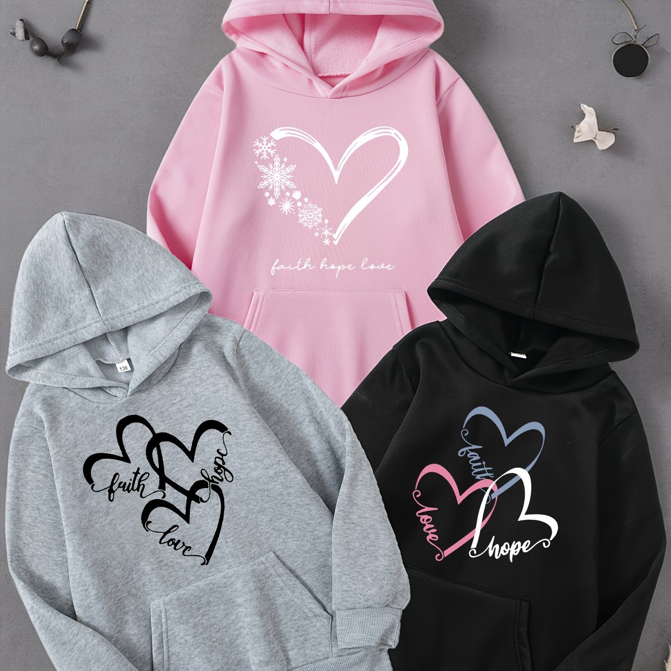 Faith Love Heart Print Girls' Fashion Hoodie, Daily Casual Comfortable Hooded Sweatshirt 3pcs Set