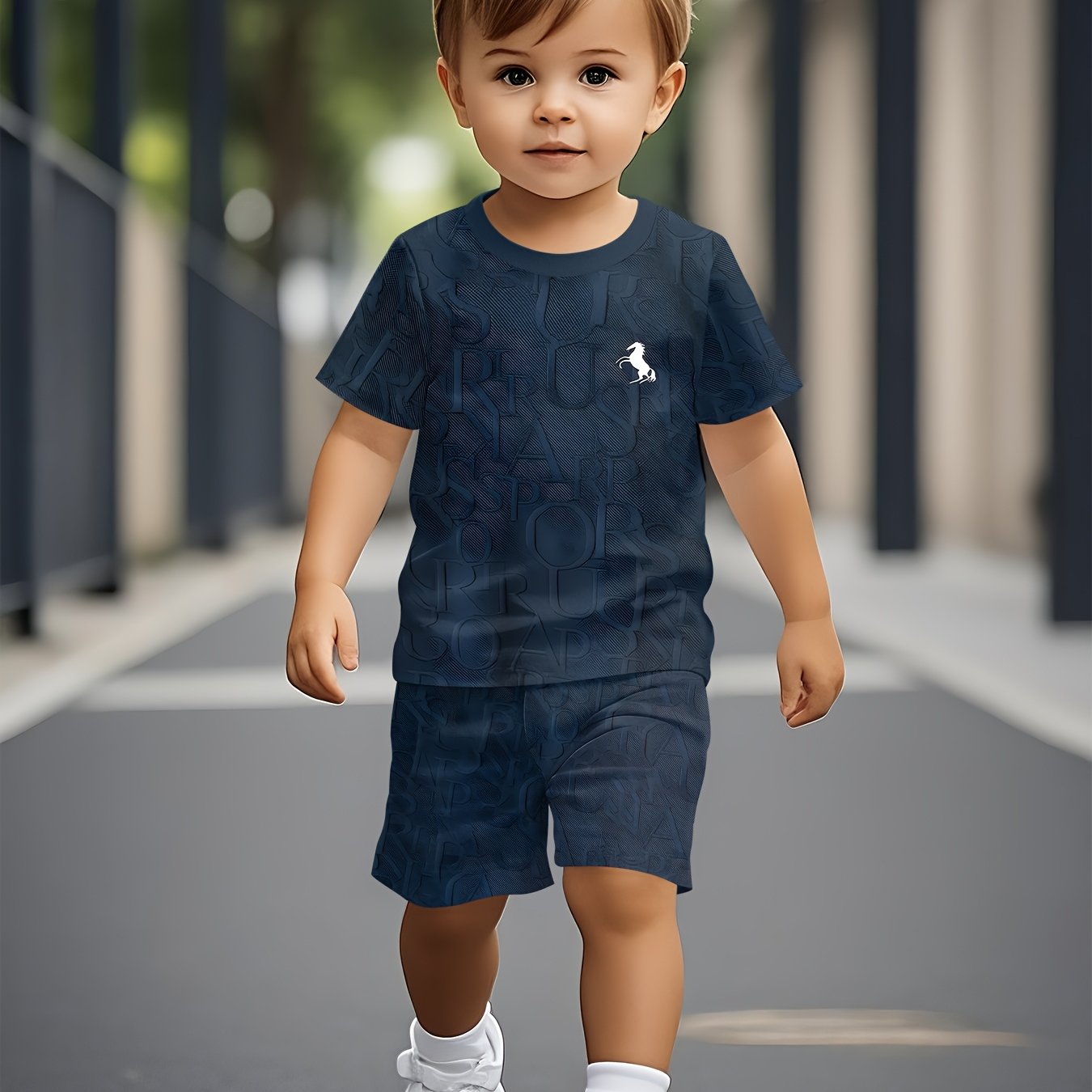 Image of Summer Short-sleeved Set For Boys And Girls. Featuring Trendy And Fashionable Horse-patterned Letter Print. A Trendy And Comfortable Short-sleeved Set, For Outdoor