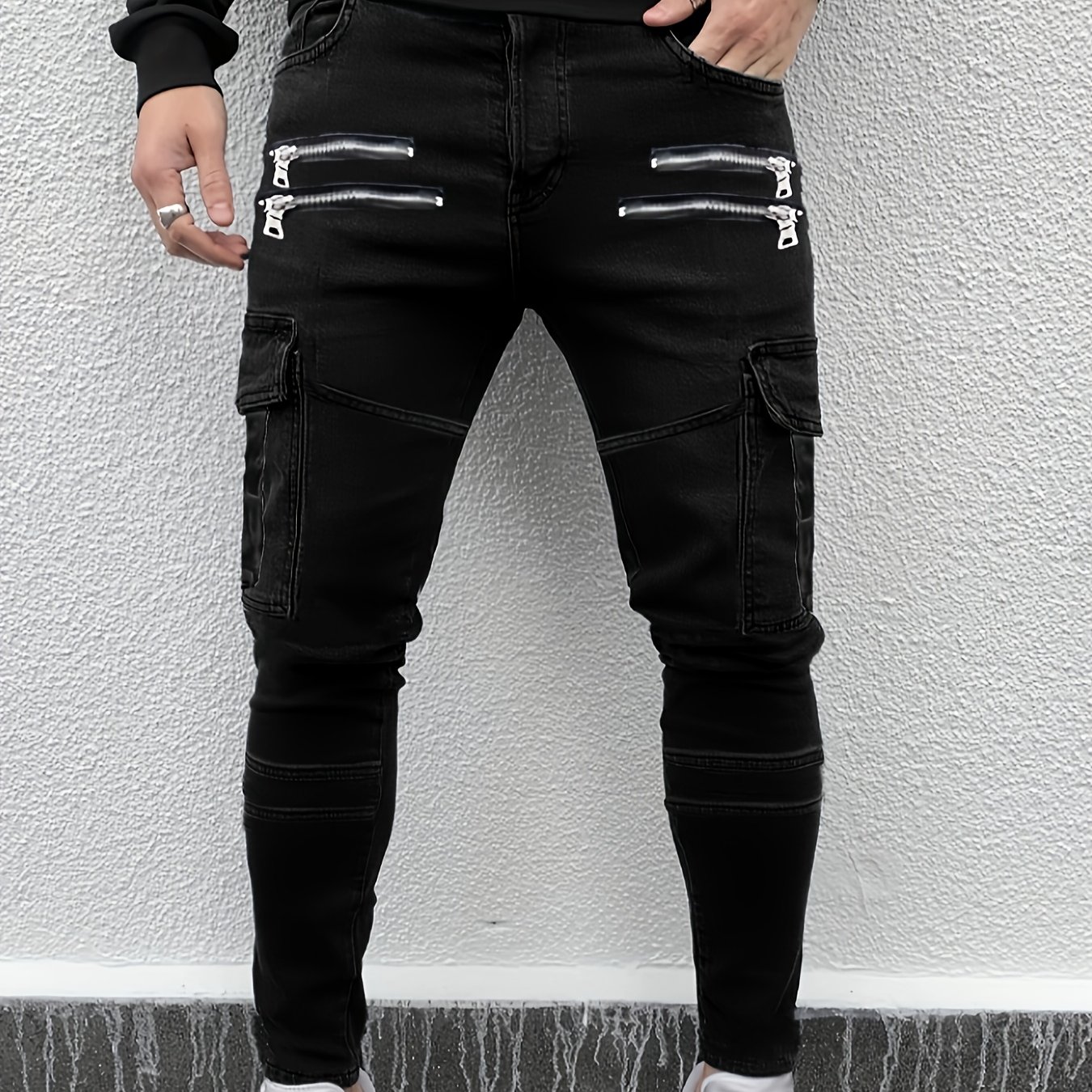 Image of 1 Pair Of Street-style Men's Casual Pants - Solid Blend, Medium Stretch, Slim Fit, Suitable For , Regular Length With Zipper Detail, Fabric Material - Adult Casual Denim Trousers