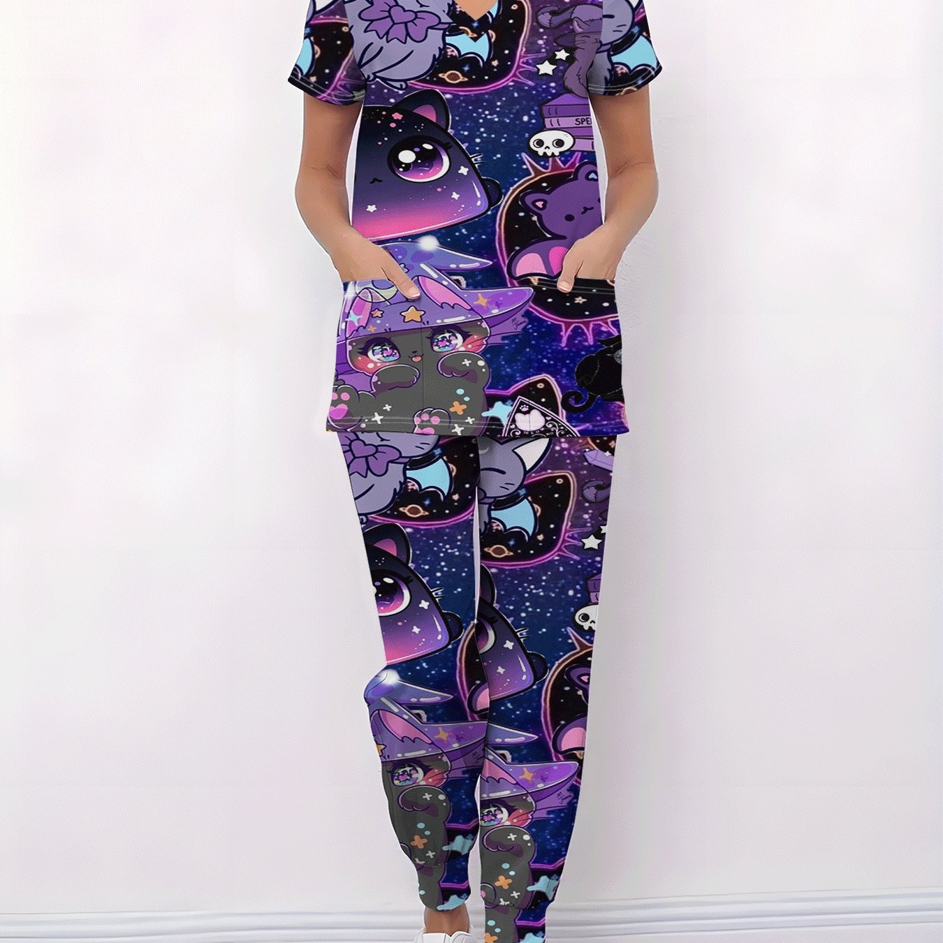 TEMU V-neck T-shirt Set With Vibrant Printed Design, Top With Pocket. Comfortable And Stretchy Fabric. Short-sleeve Work Uniforms For Barbers, Pet ,