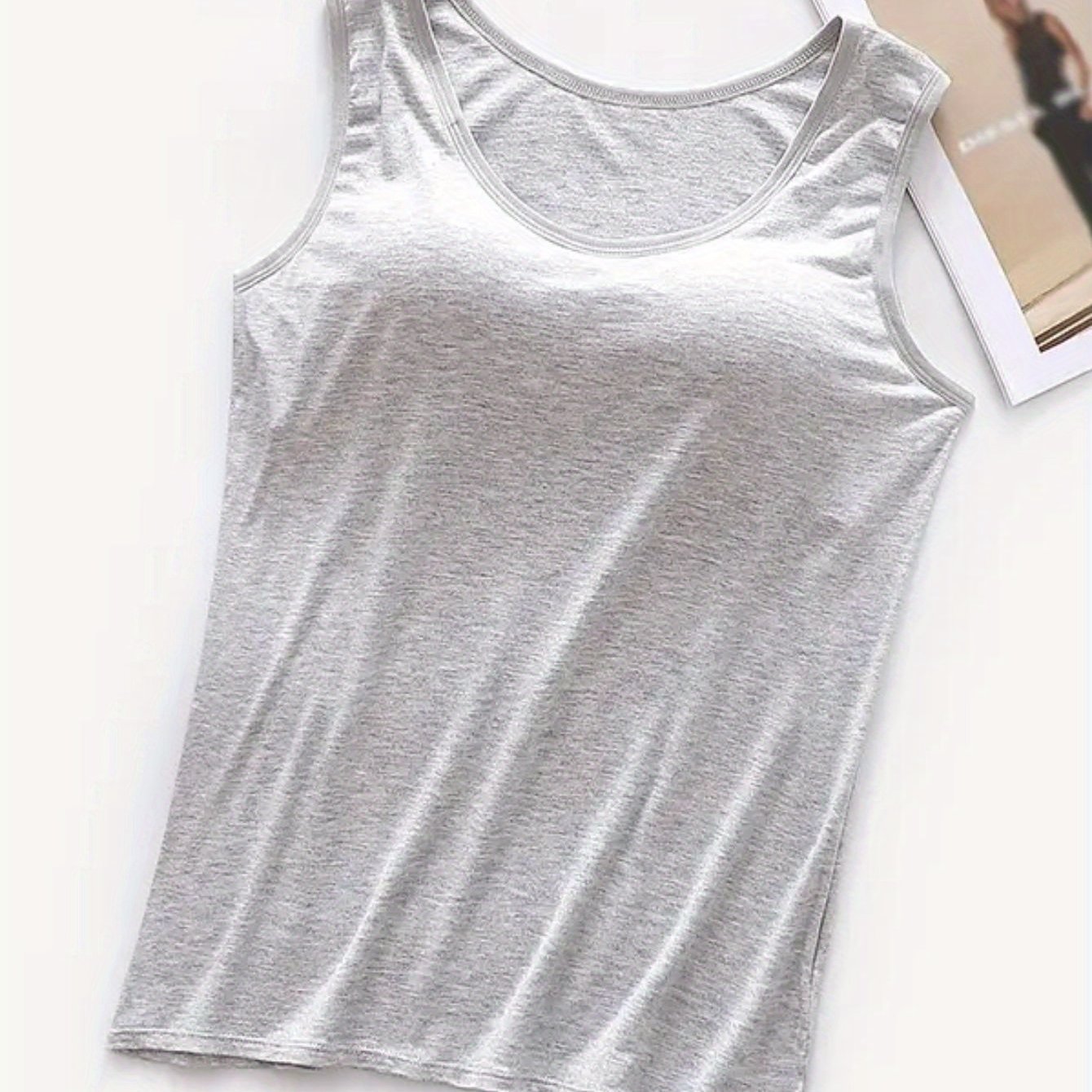 TEMU Women's Padded Vest- Top - Stretchy Breathable Lingerie With Built-in Padding, Solid Black Casual & Clothing, Non-transparent Fit, Lingerie