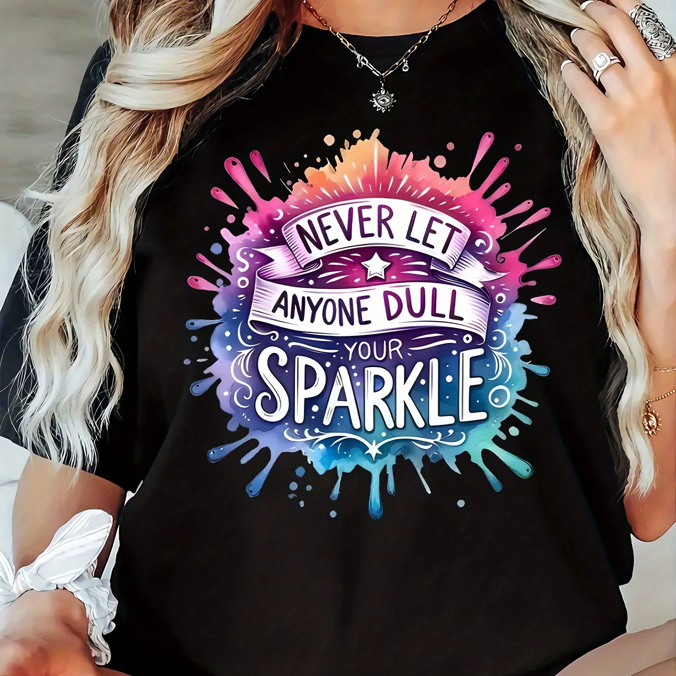 TEMU Plus Size Women's Graphic T-shirt - "never Let Anyone Your Sparkle" Motivational Quote With Colorful , Stretchy Fabric, Round Neck Short Sleeve