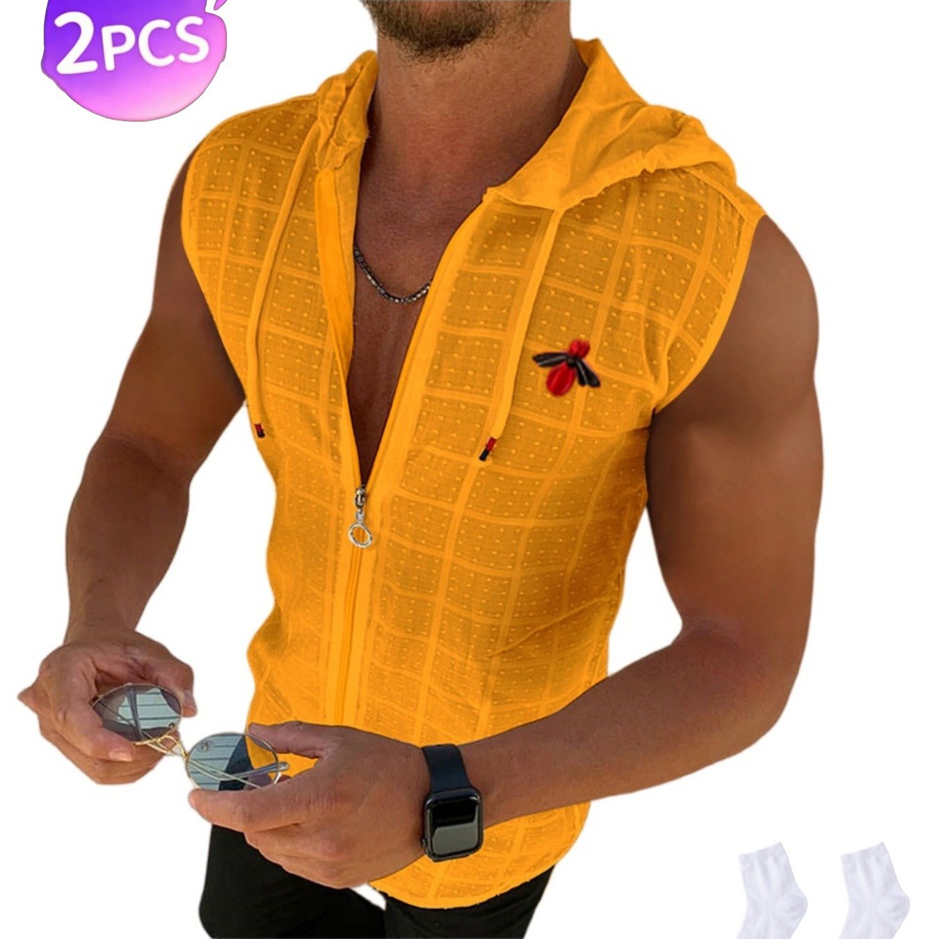 2pcs Summer Fashion Solid-color Checked Texture Men's Zipper Sleeveless Hooded Pullover Casual Sports Beach Hooded Shirt