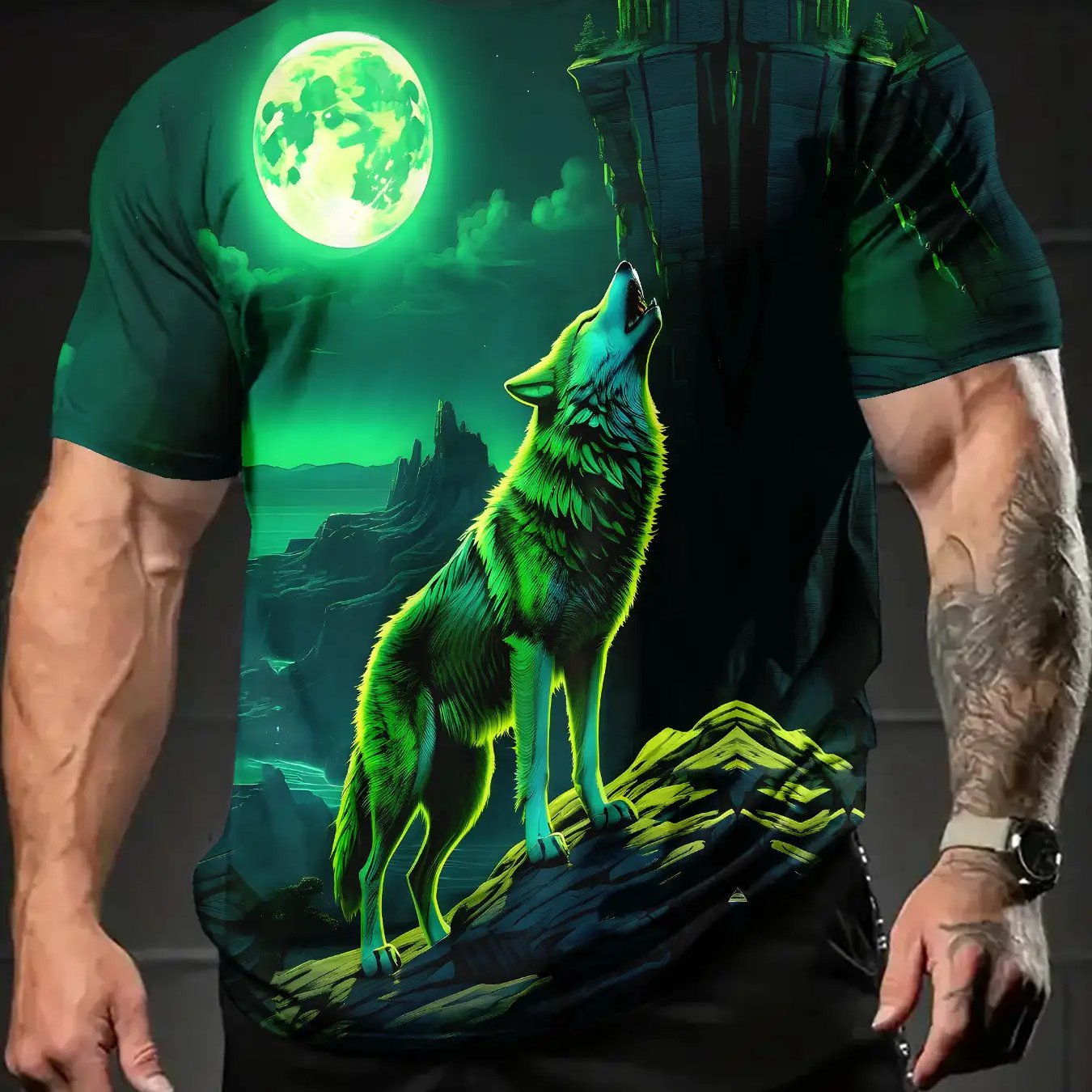 TEMU - Men's -the-dark Wolf T-shirt - Neon Green And Blue Nightlife Design With Glowing Wolf Pack And Pattern, Comfortable Crew Neck Short Sleeve,