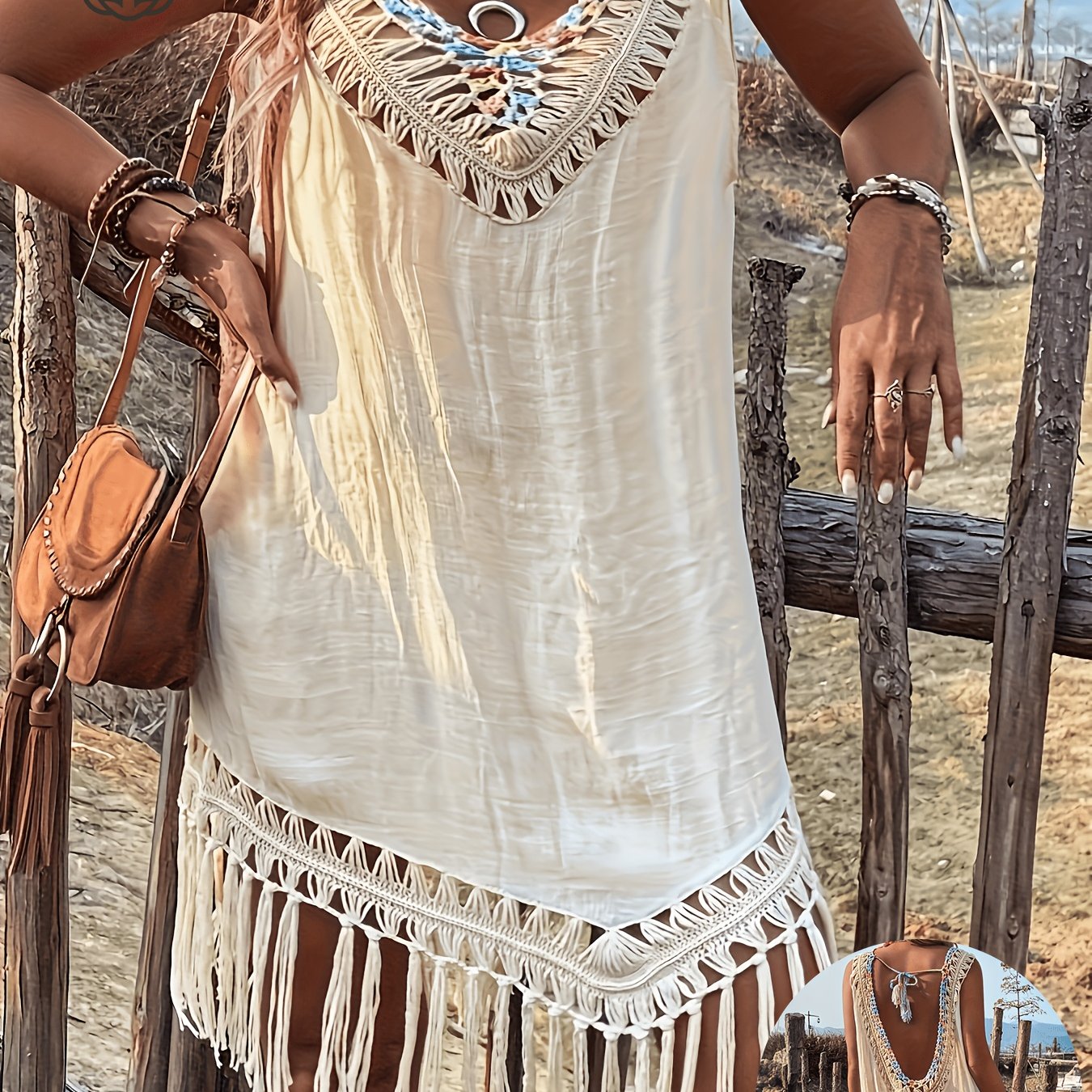 Image of Women' Color V-neck Sleeveless Semi-sheer Lace Crochet Trim Flowing Tassel Hem Stylish Casual Beach Cover-up In Plus Size
