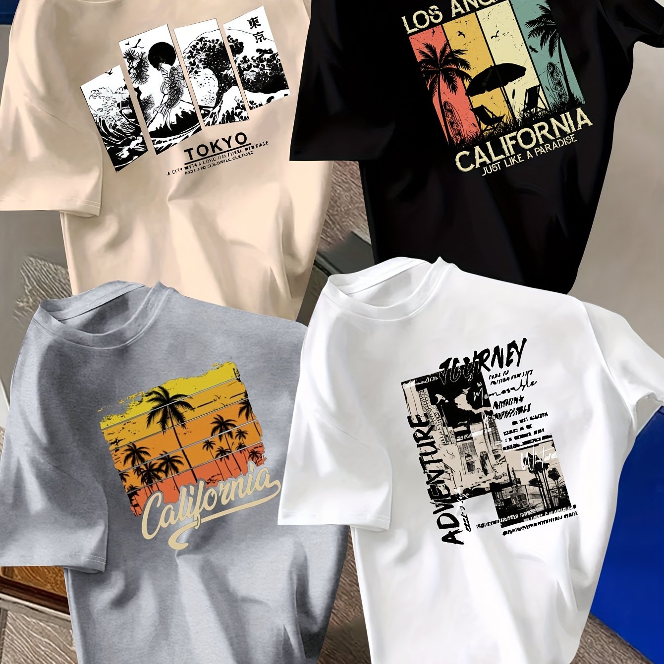 E-shop Neues Sommer Freizeit Europäischer und Amerikanischer Stil Druck Kurzarm T-Shirt 4er Set, für Teenager, für Teenager