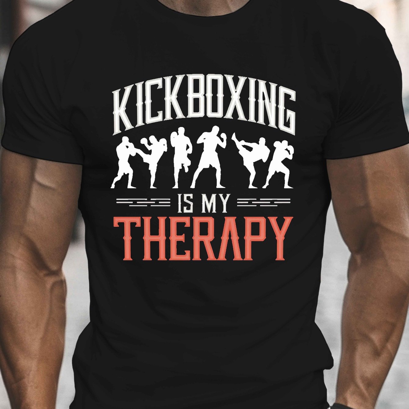 TEMU Kickboxing Is My Therapy Print, Men's Round Crew Neck Short Sleeve Tee, Casual T-shirt Casual Comfy Lightweight Top For Summer