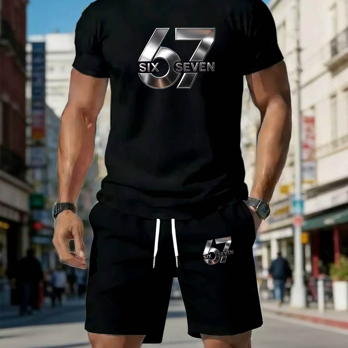 TEMU Men's Summer Trendy 2pcss Set, With Cool 67 Pattern Print, Athletic Moisture-wicking, Wrinkle-resistant, Trendy, Breathable, Drawstring Waist