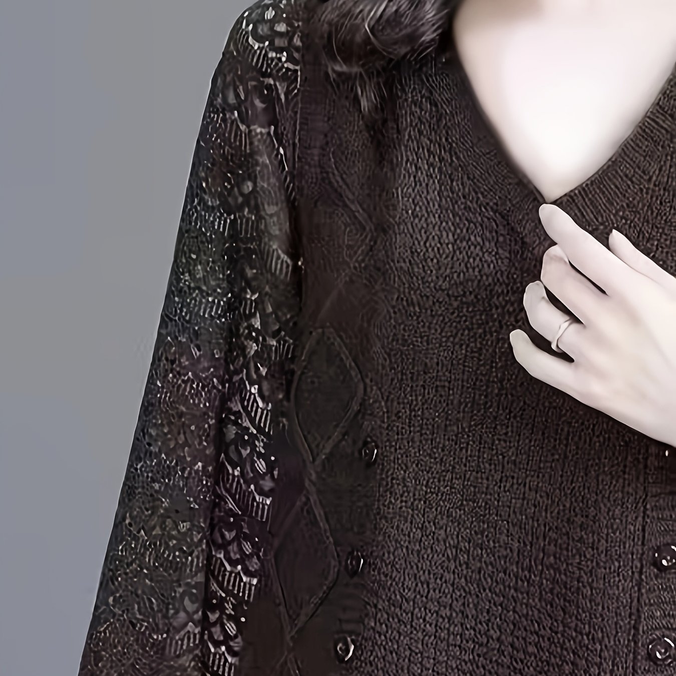 TEMU Plus Size, Plus-size Women's Home And Outdoor Top, Lace-upholstered Mesh Panel V-neck Long-sleeve Pullover With Buttons, A Slightly Stretchy