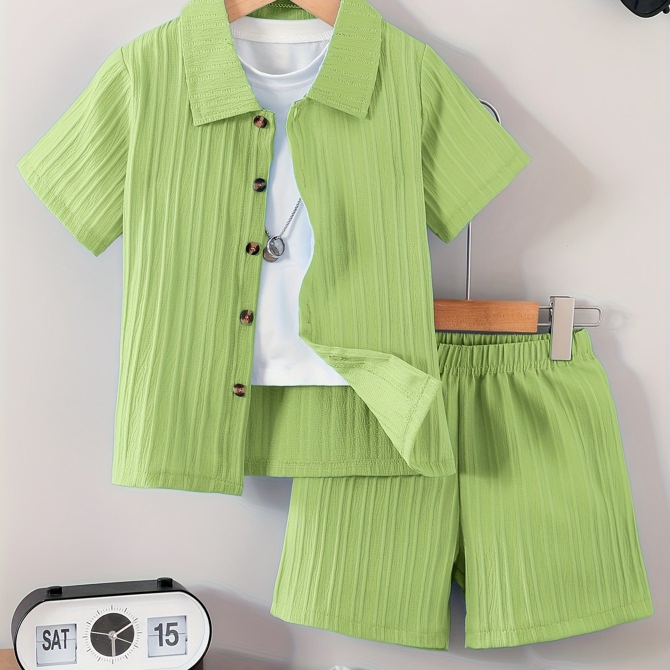 Boys' Summer Fashion New Arrival Solid Color Elegant Single-breasted Lapel Shirt With Wave Stripe Fabric Short Sleeves And Stylish Breathable Fresh Casual Shorts Set, Perfect For Outdoor