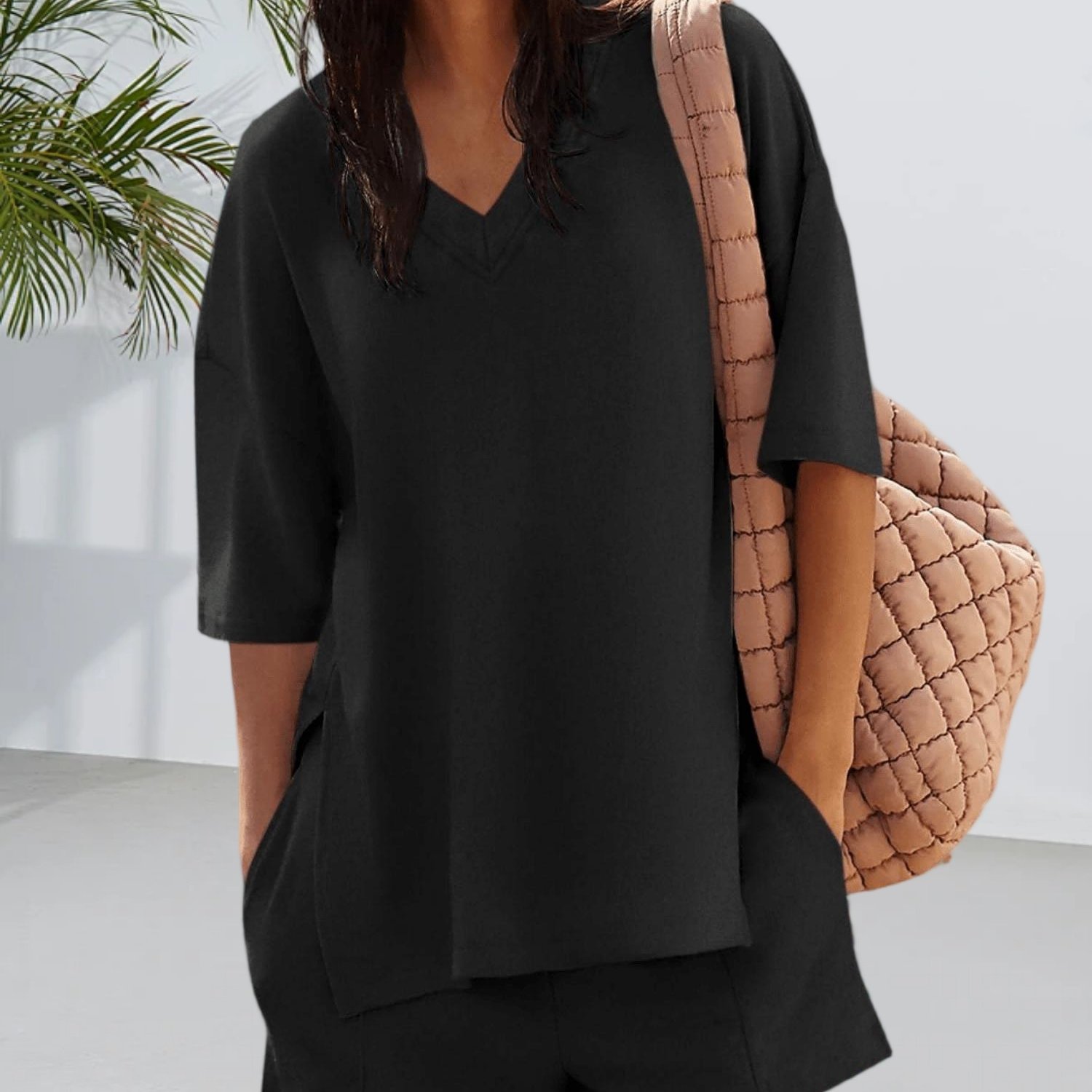 Women's Summer 2pcs Outfits Lounge Set 3/4 Sleeve Oversized Tops Elastic Waist Shorts With Pockets