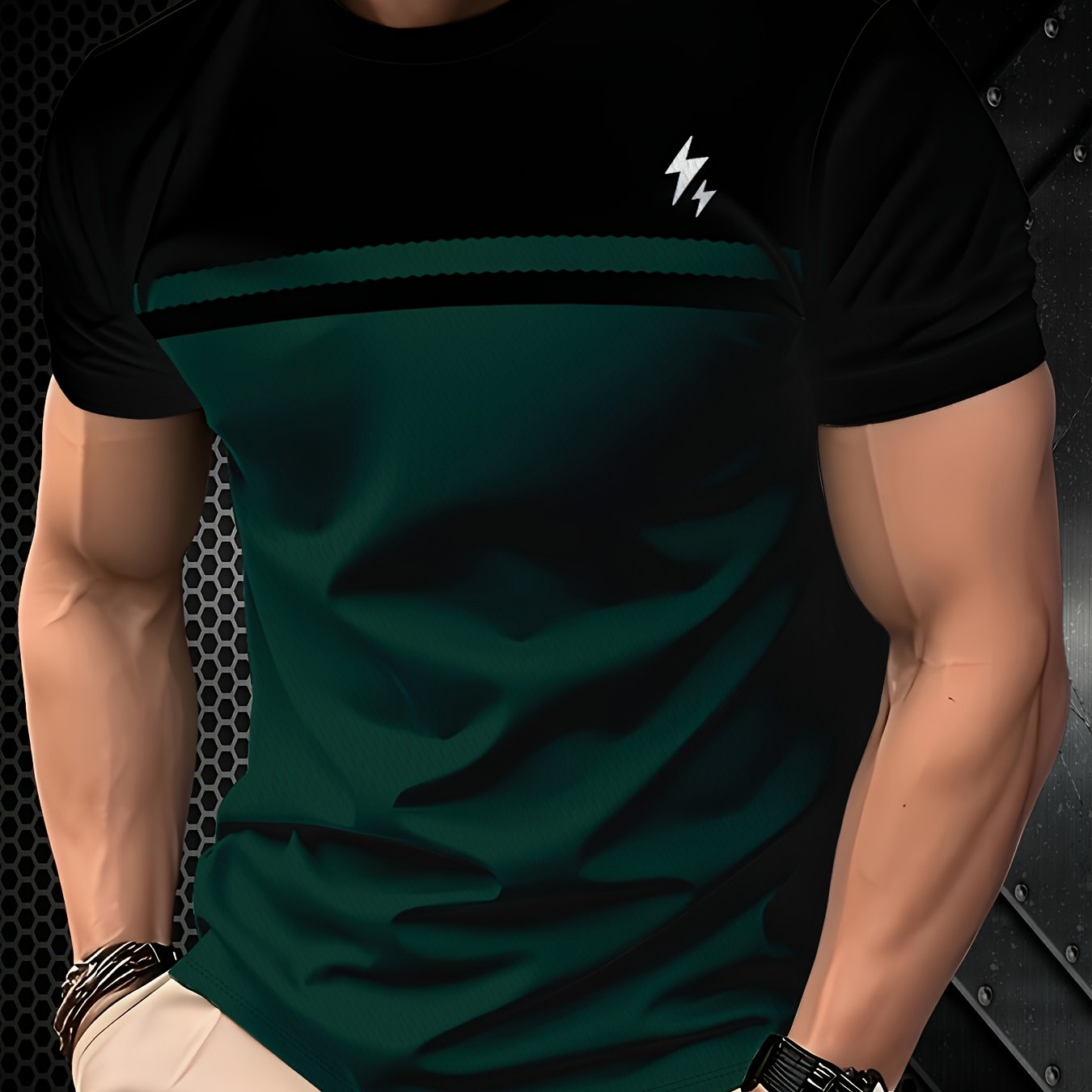 TEMU Herren-T-Shirt mit 3D-Druck Blitzgrafik - Lebhaftes Oranges & Schwarzes Streifendesign, Atmungsaktives Feuchtigkeitsableitendes Gewebe, Reguläre