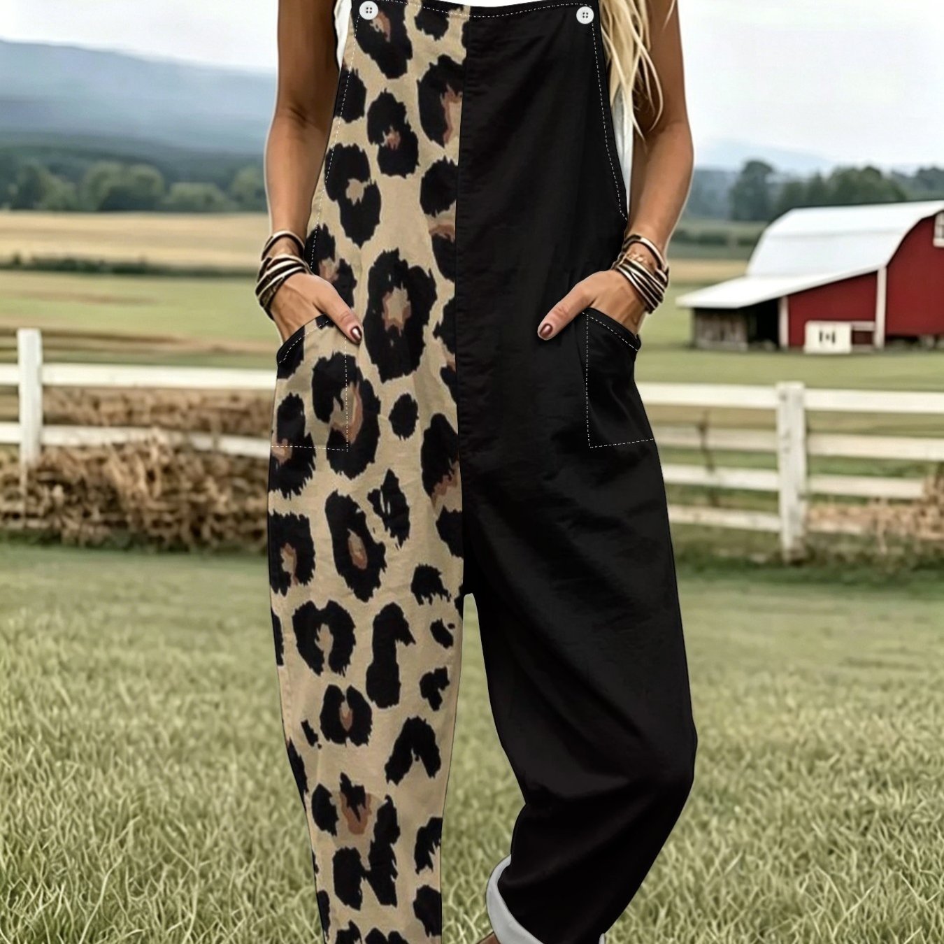 TEMU rétro avec demi-imprimé léopard et demi-design patchwork noir, combinaison à jambes larges pour femmes avec poignets pliés et poches, parfaite