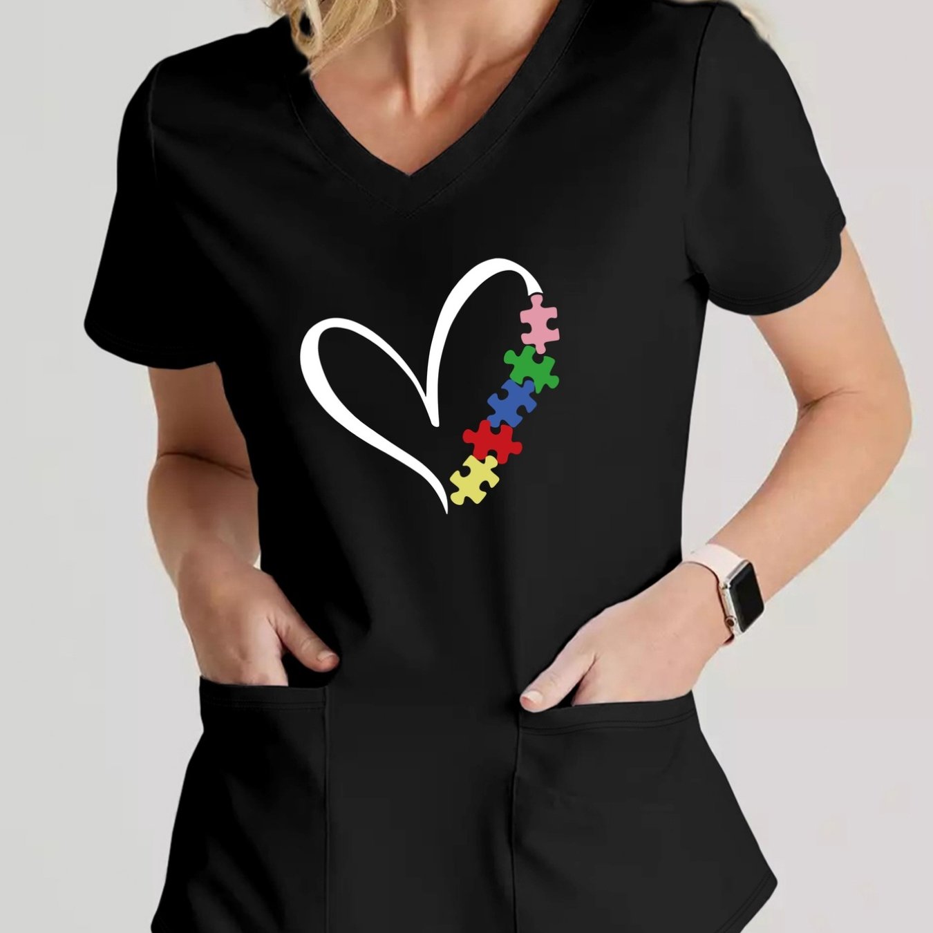 TEMU Women's Fashion Short Sleeve V-neck Top, Autism , Heart Puzzle Printed Casual Comfortable Nurse Uniform With Pockets