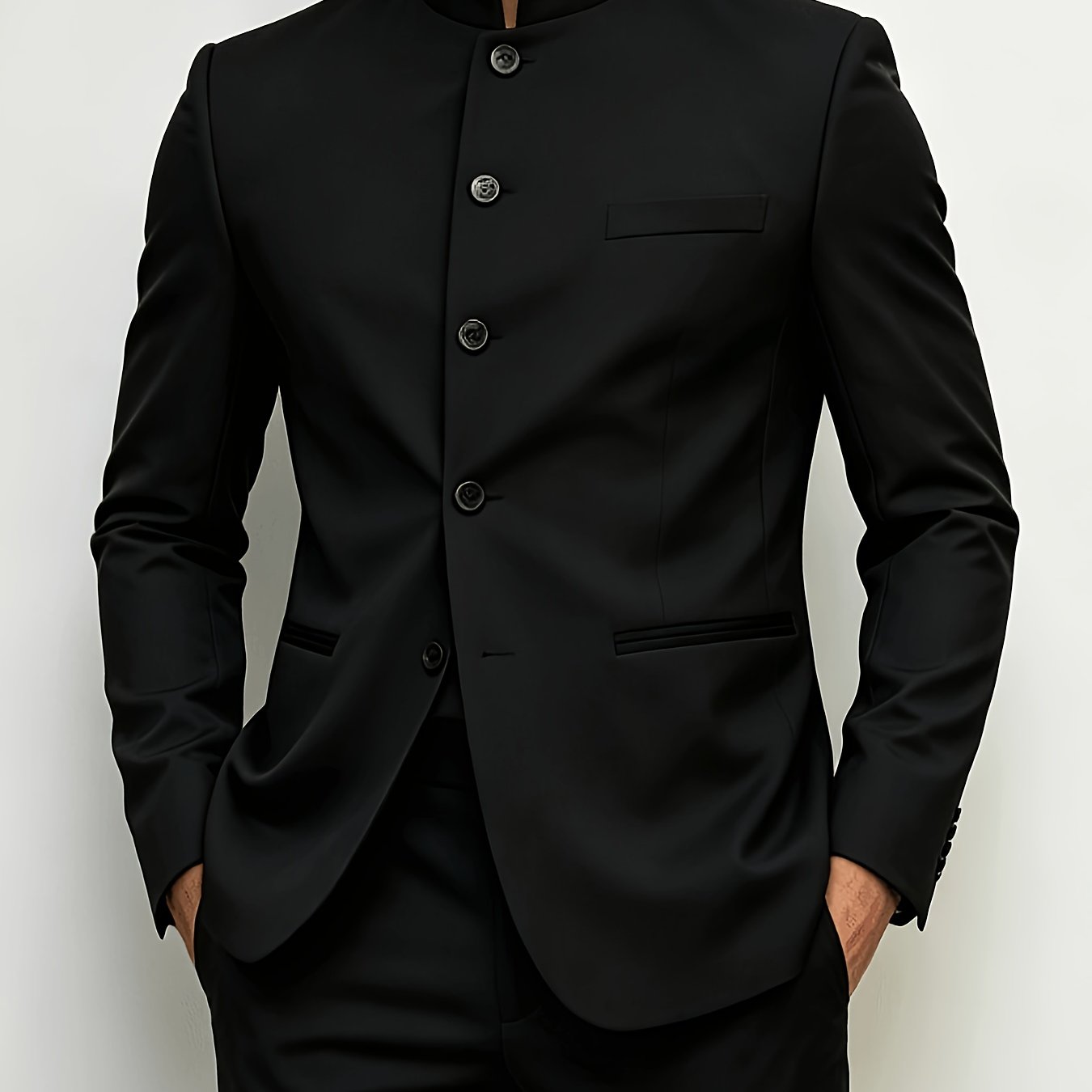 Plus Size Men's Stand Up Collar Black Solid Color Suit Jacket, Suit Jacket, Suitable For Business, Weddings, And Formal Banquets, Is A Practical Holiday Gift For Your Partner, Plus Size
