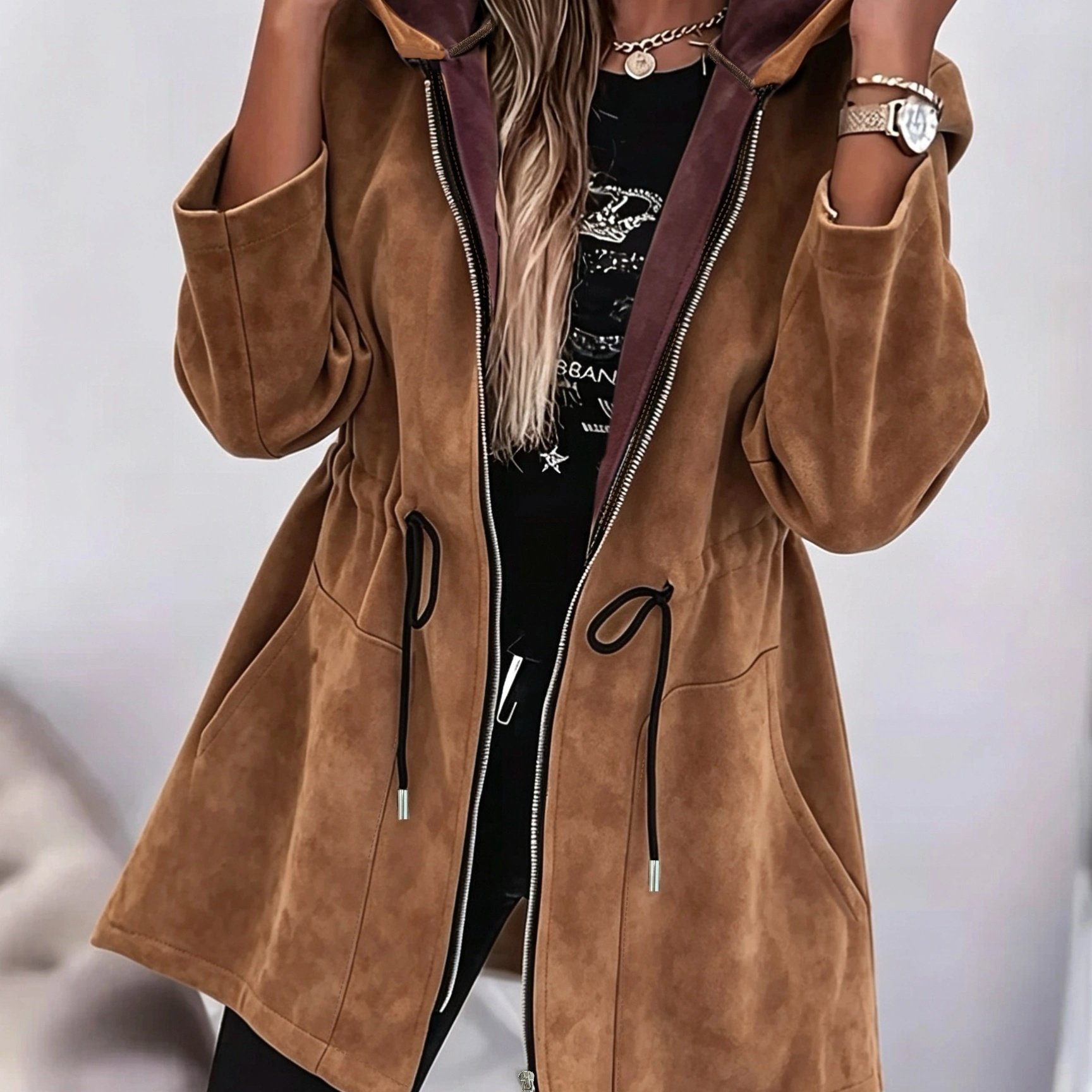 TEMU Veste à capuche en similicuir pour femme, collection automne-hiver 2026, manteau mi-long à cordon de serrage et fermeture éclair à la taille, ,