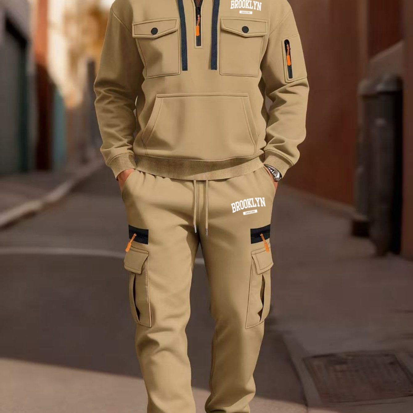 TEMU ensemble pour homme d'extérieur : sweat à capuche imprimé tendance + pantalon cargo décontracté et sportif