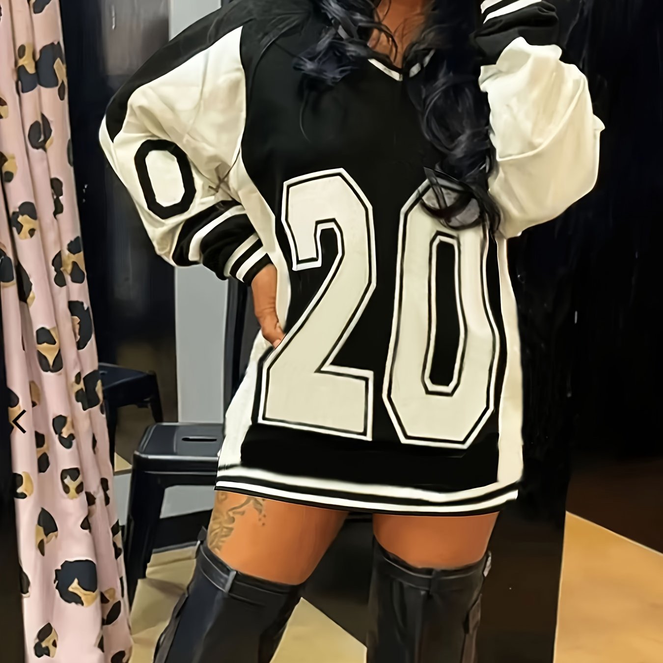 Plus Size - Plus Size - Dhn091 Fashionable V-neck Black And White Letter Print Dress