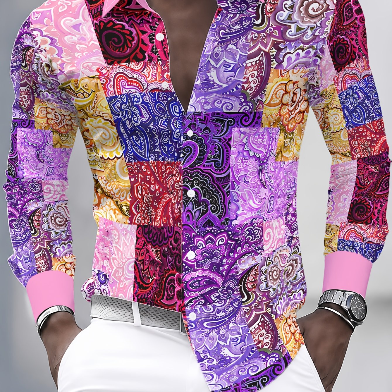 TEMU [printed Design â Not Textured] Men's Long Sleeve Shirt, Colorful Style, Men's Printed Paisley Shirt, Men's Shirt In Purple, Men's Casual Shirt
