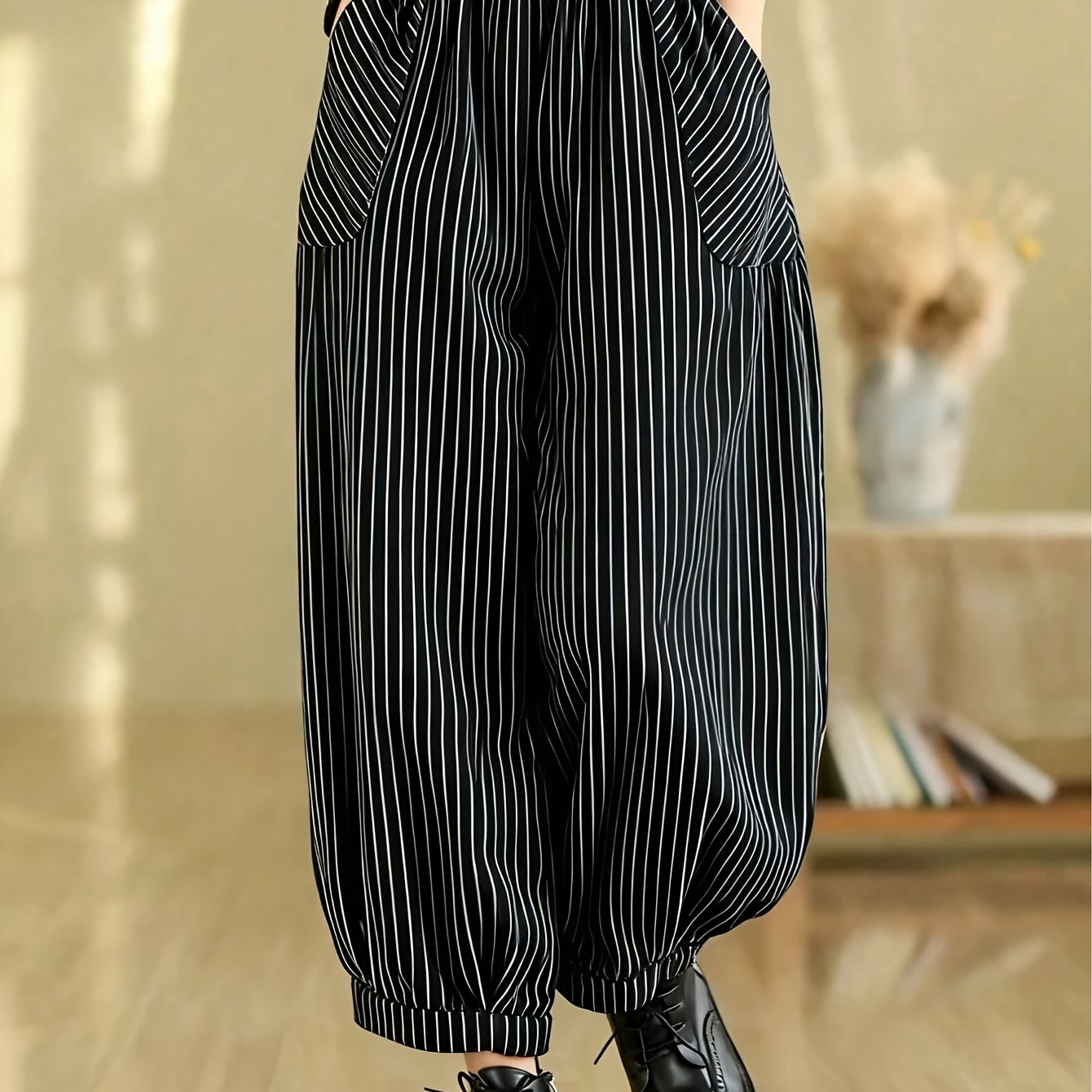TEMU Women's Fashion Striped Loose Casual Pocket Elastic Waistband Mid-rise Cropped Pants