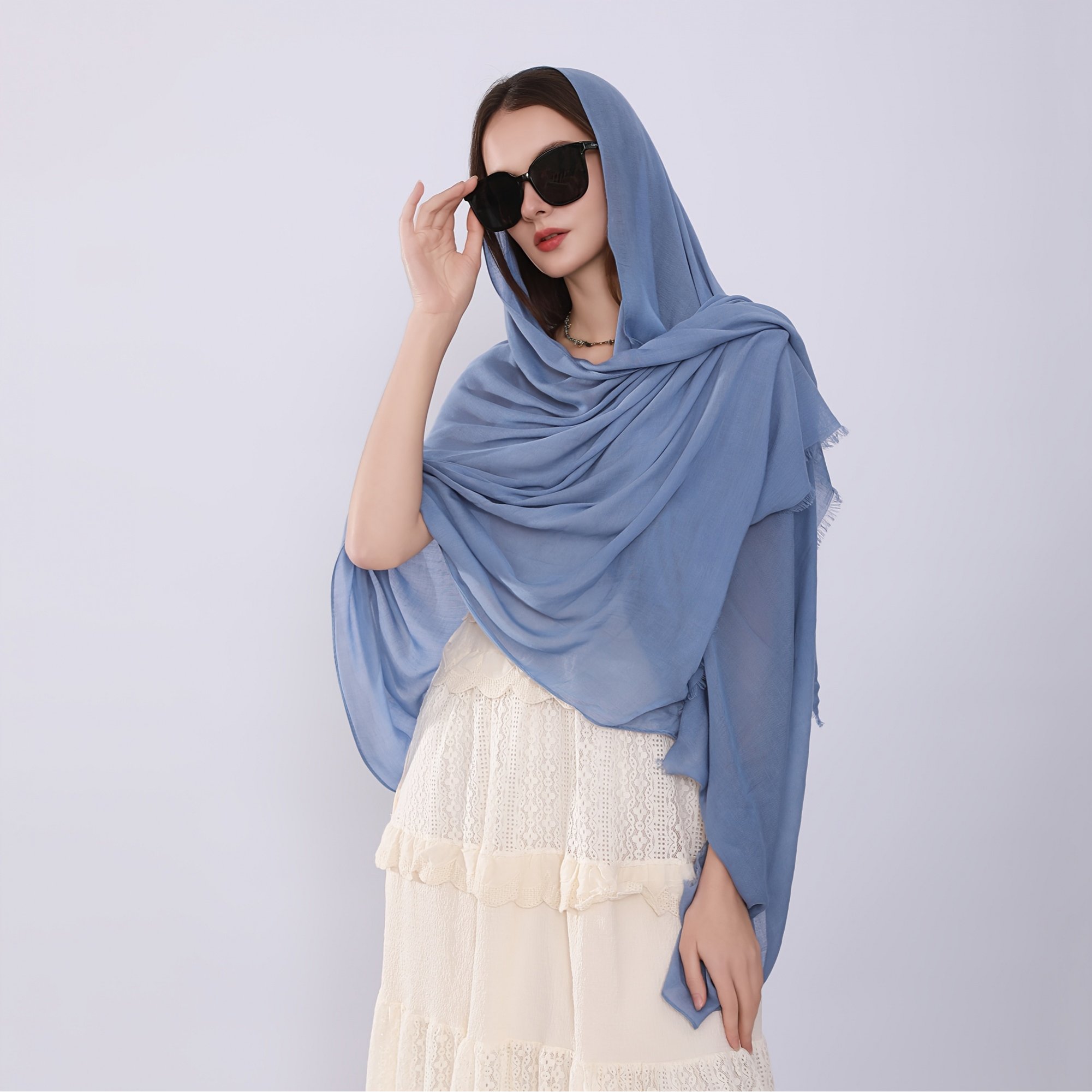Image of Solid Color Fringed Long Scarf Women's Lightweight Breathable Cover-up Shawl Headscarf, Vacation Sunscreen Gauze Scarf Head Wrap Beach Towel All-match Travel Outerwear Shoulder Cover Long Scarf