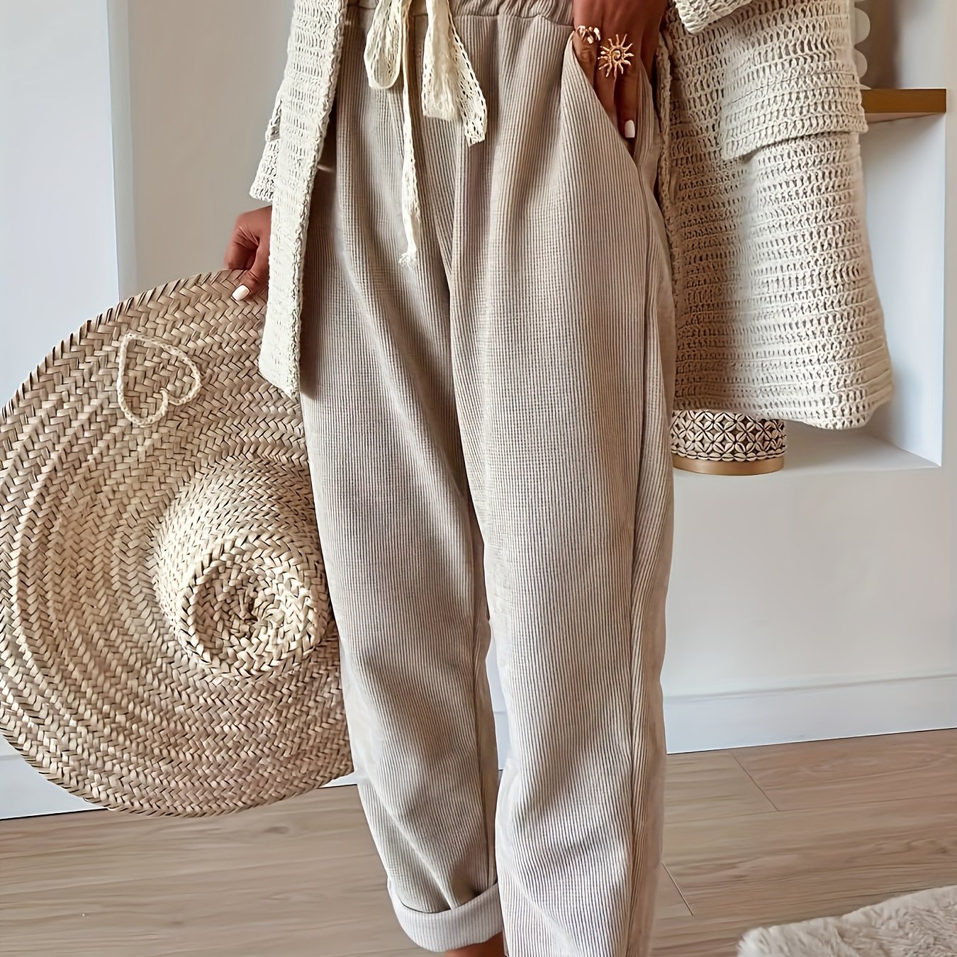 E-shop Modische Herbst-Winter Rippstrick Hose mit bequemer, schlankmachender Kordelzug-Taille für Damen