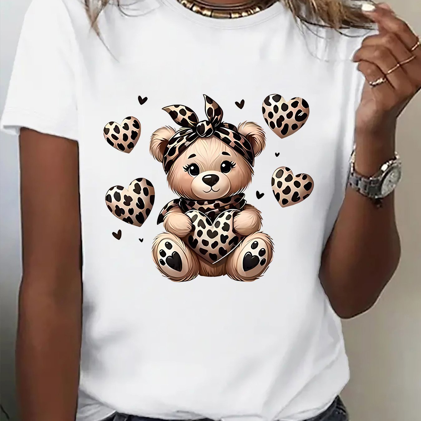 TEMU 1pc Summer New Short Sleeve T-shirt - Vibrant And Beautiful Leopard Bear Print Short Sleeve T-shirt - Elegant Women's Clothing, Elegant Thin