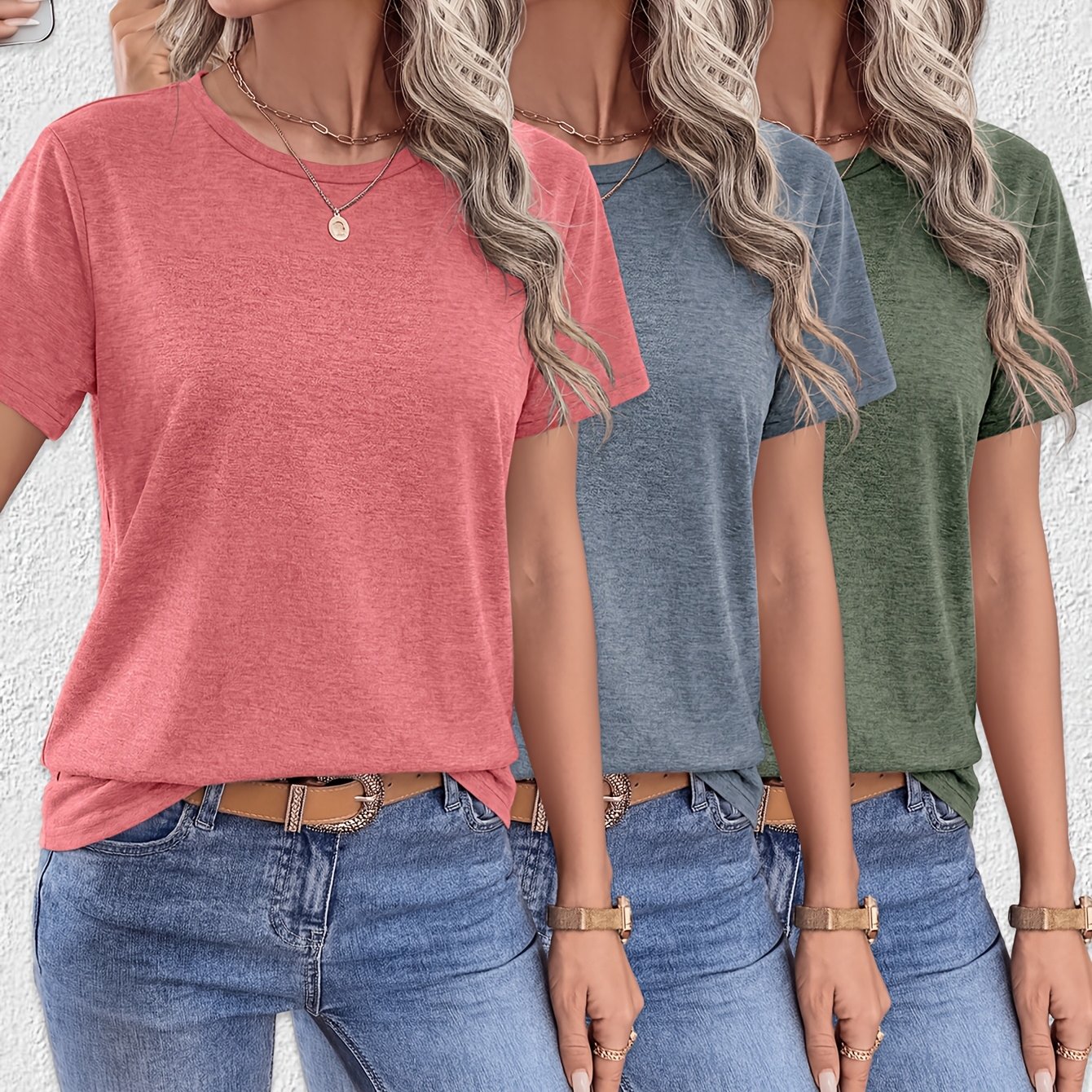 TEMU Three-pack - New Summer Women' Round Neck Short Sleeve T-shirt, Casual, Comfortable, Breathable Top