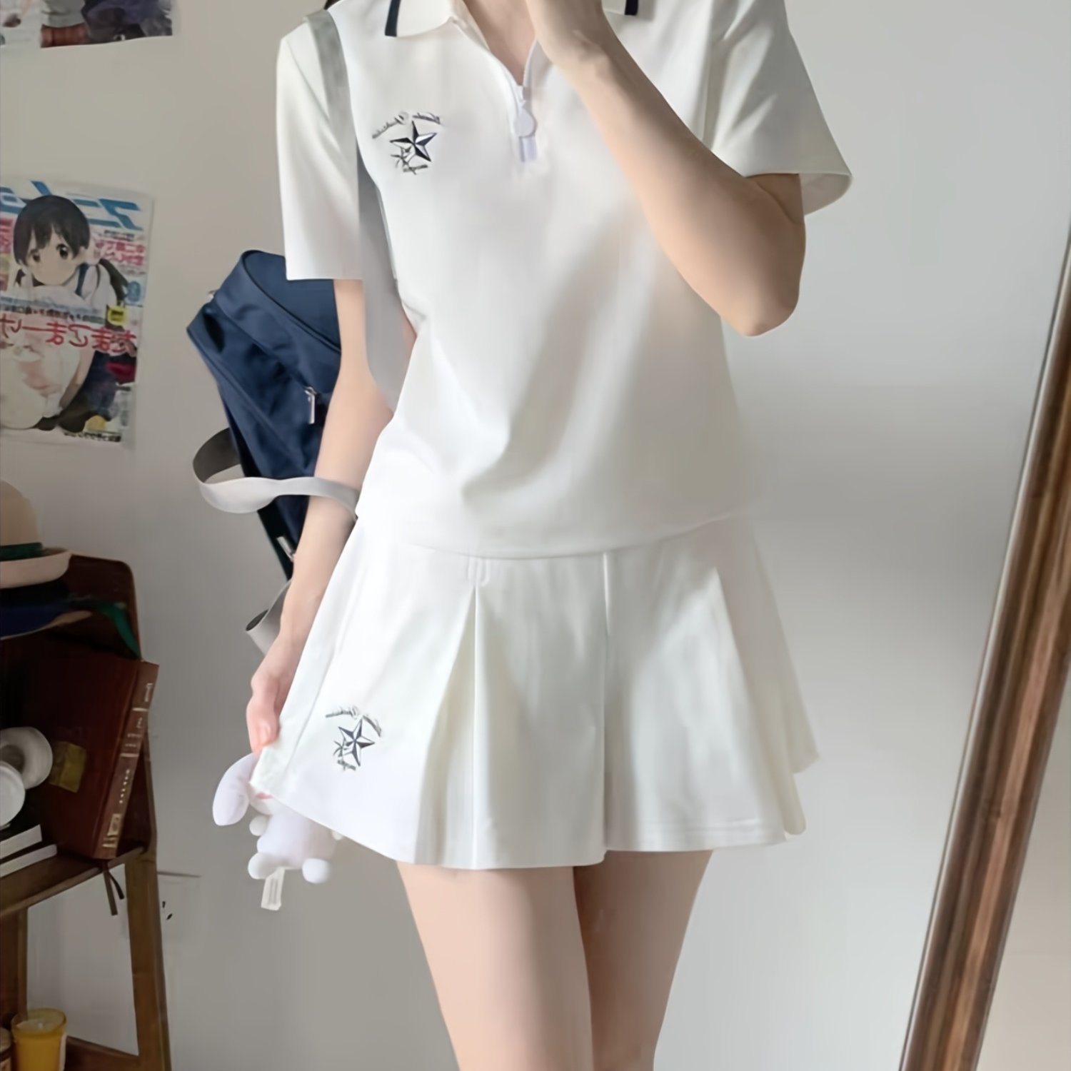 TEMU 女性の夏の軽量スーツ、甘いカレッジスタイル、短いトップと無地のスカート、柔らかく快適で着用が簡単、やカジュアルな場面に適しています。