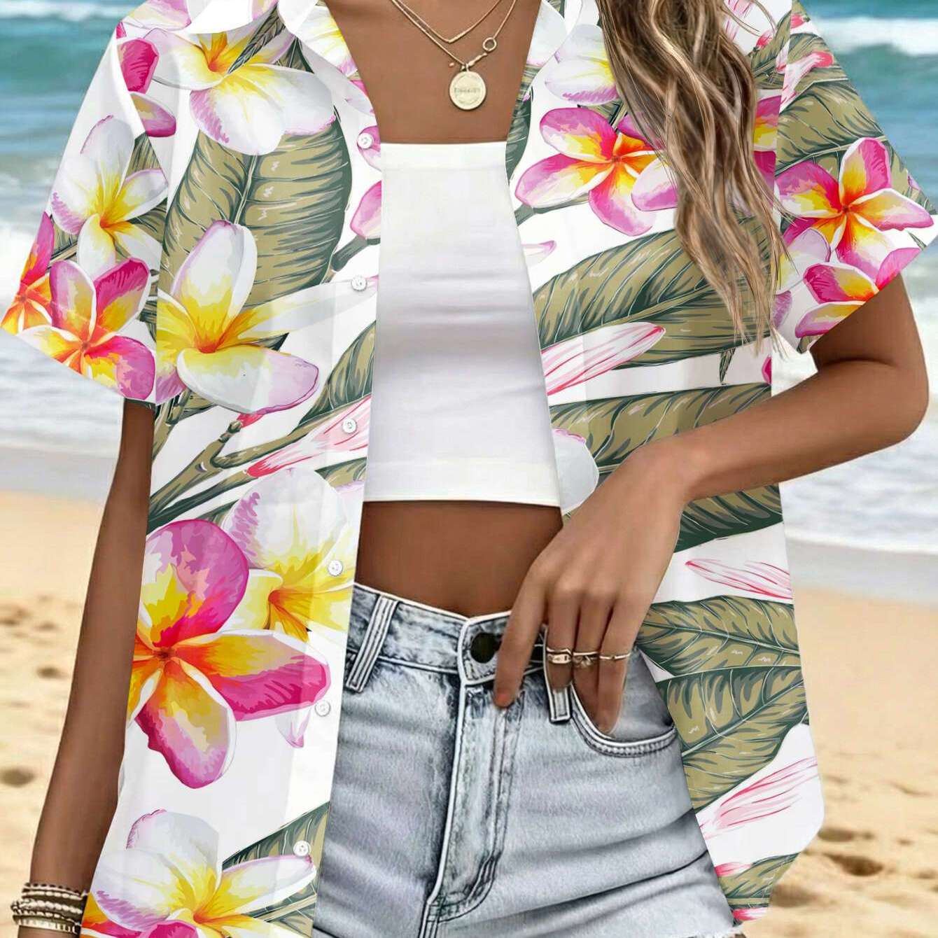 TEMU Women's Casual Short-sleeve Shirt: Vibrant Frangipani And Hibiscus With Tropical Leaves