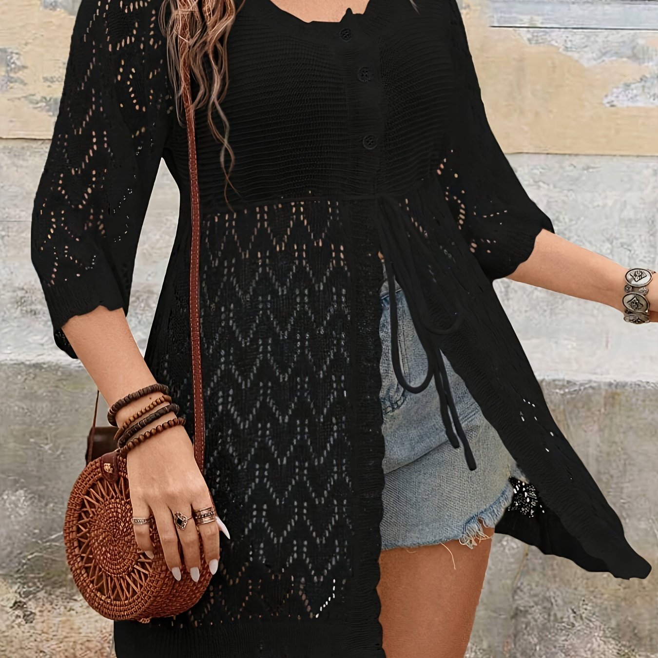 TEMU Plus Size Women's Spring Summer Solid Color Hollow Front Tie Casual Cardigan