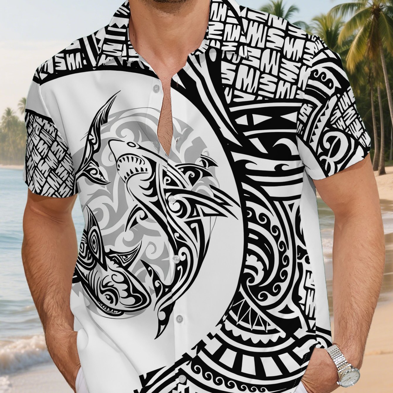 TEMU Men's Summer Lapel Short-sleeve Shirt, Black And White Polynesian Style, Featuring Shark And Geometric Woven Patterns. Printed Cool Casual
