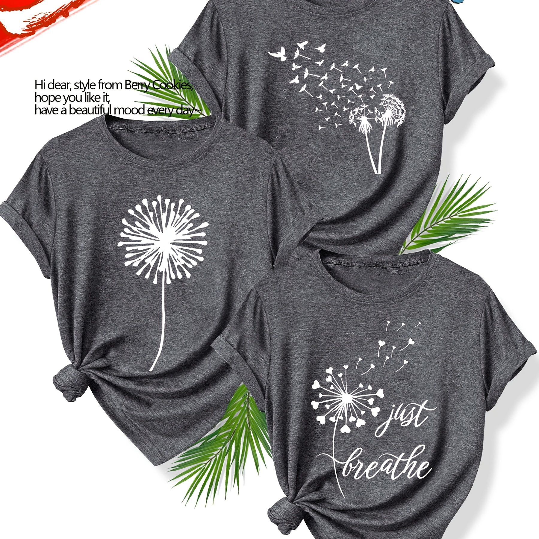 E-shop Ein Set aus drei stylischen und eleganten Kurzarm-T-Shirts mit klaren Linien und floralen Mustern, für Freizeitkleidung im Frühling, Herbst und