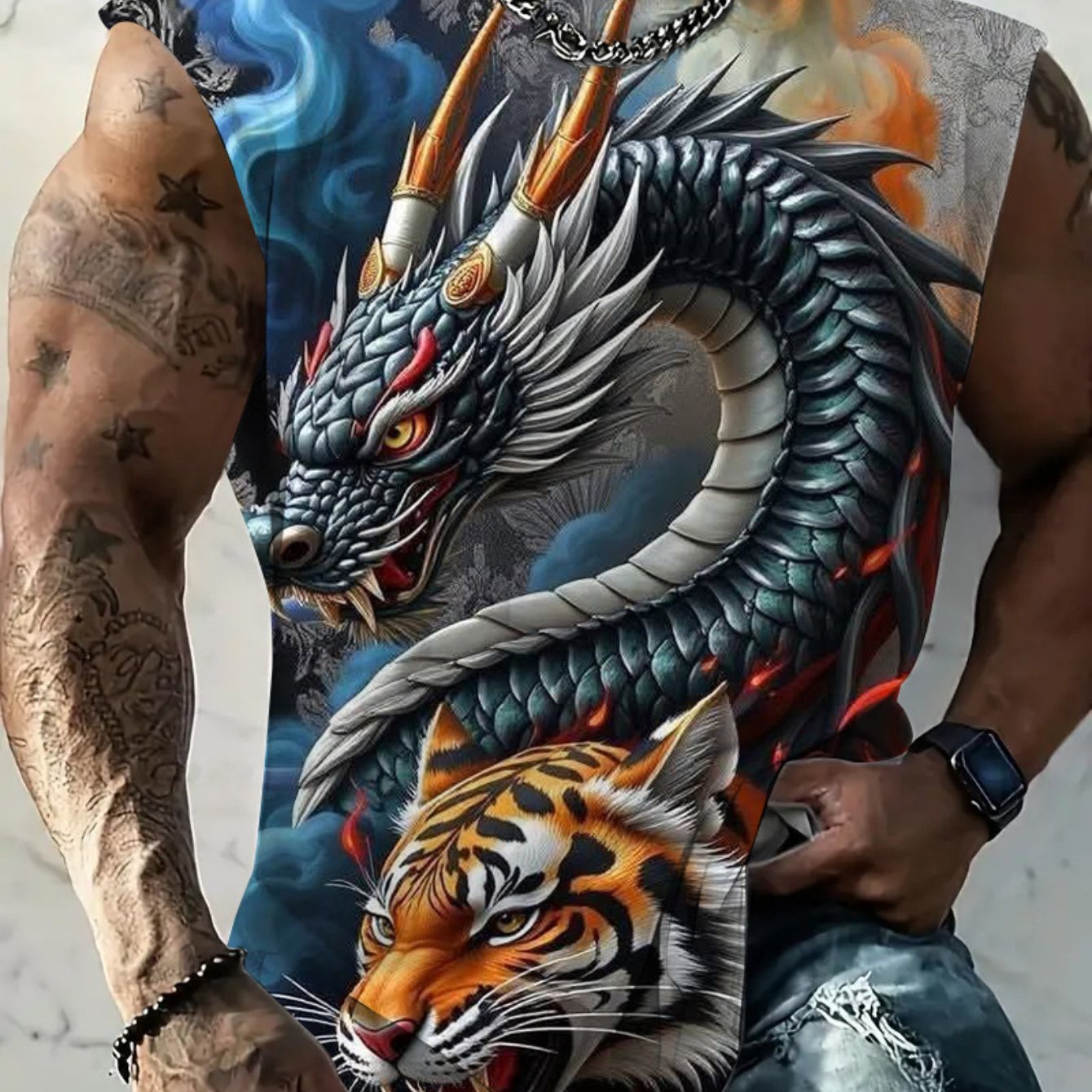 TEMU Plus Size Men's Apparel With , Rich, Vivid, And Realistic Cartoon Dragon, Tiger, And Flame Color-block Vintage Pattern Print. Men's Fashionable
