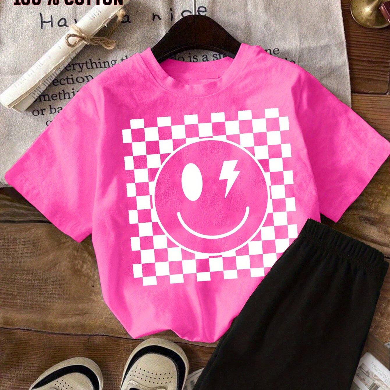 TEMU 2pcs New Checkerboard Pattern With Short Sleeved 100% Cotton T-shirt And Shorts 2pcs Set Perfect For Outdoor, Perfect For Outdoor