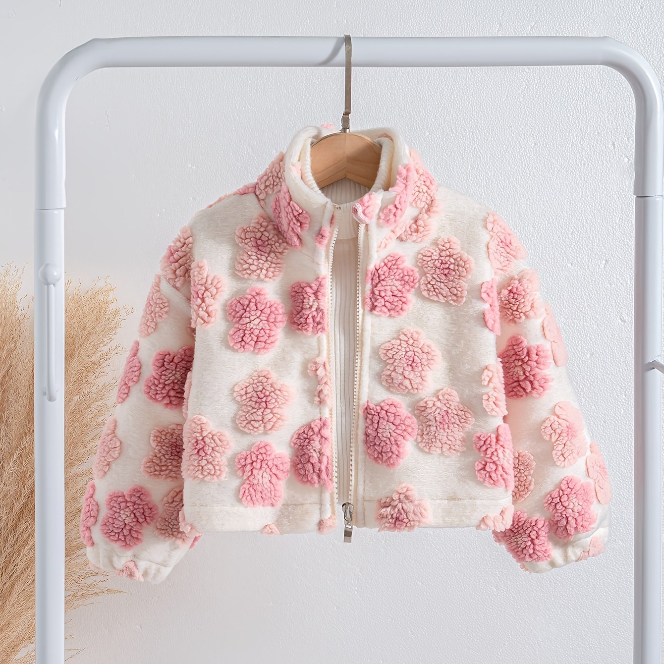 Image of Girls' Casual Leisure Outing Fashion Floral Pattern Zipper Style Drop Shoulder Long Sleeve Short Jacket For Fall Winter