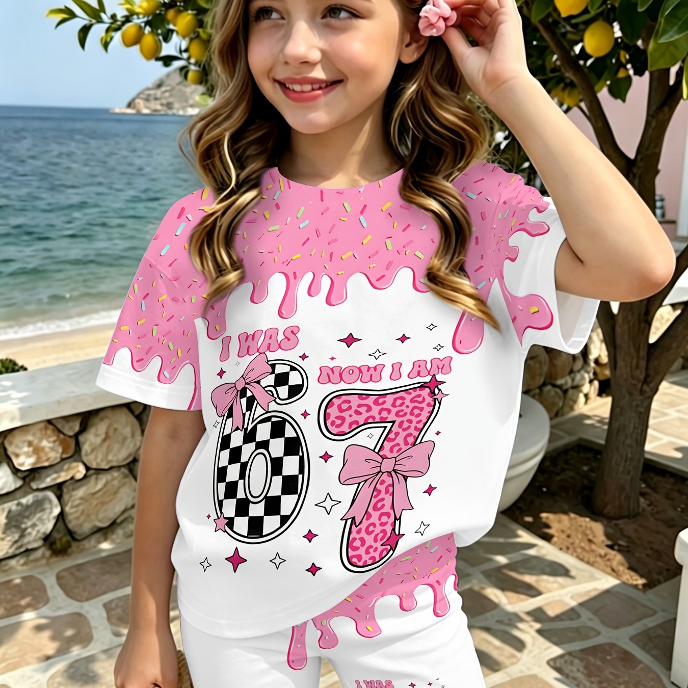 Image of Girls' Fashion Set With Trendy Print Design, Casual Short-sleeve 2pcs Outfit For Teens, Perfect For Summer, Beach, And Vacation, Perfect For Outdoor