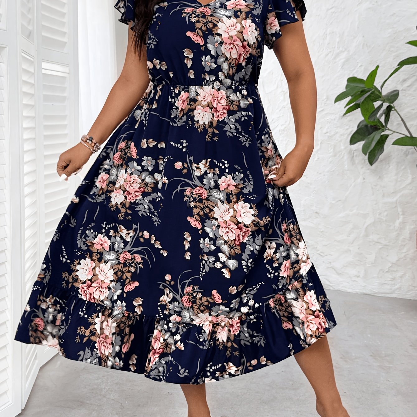 TEMU Plus Size, Plus Size Women's Floral And Botanical Print Ruffle Sleeve V-neck Dress, Waist-cinching Elegant Floral Print Midi Dress, Vintage
