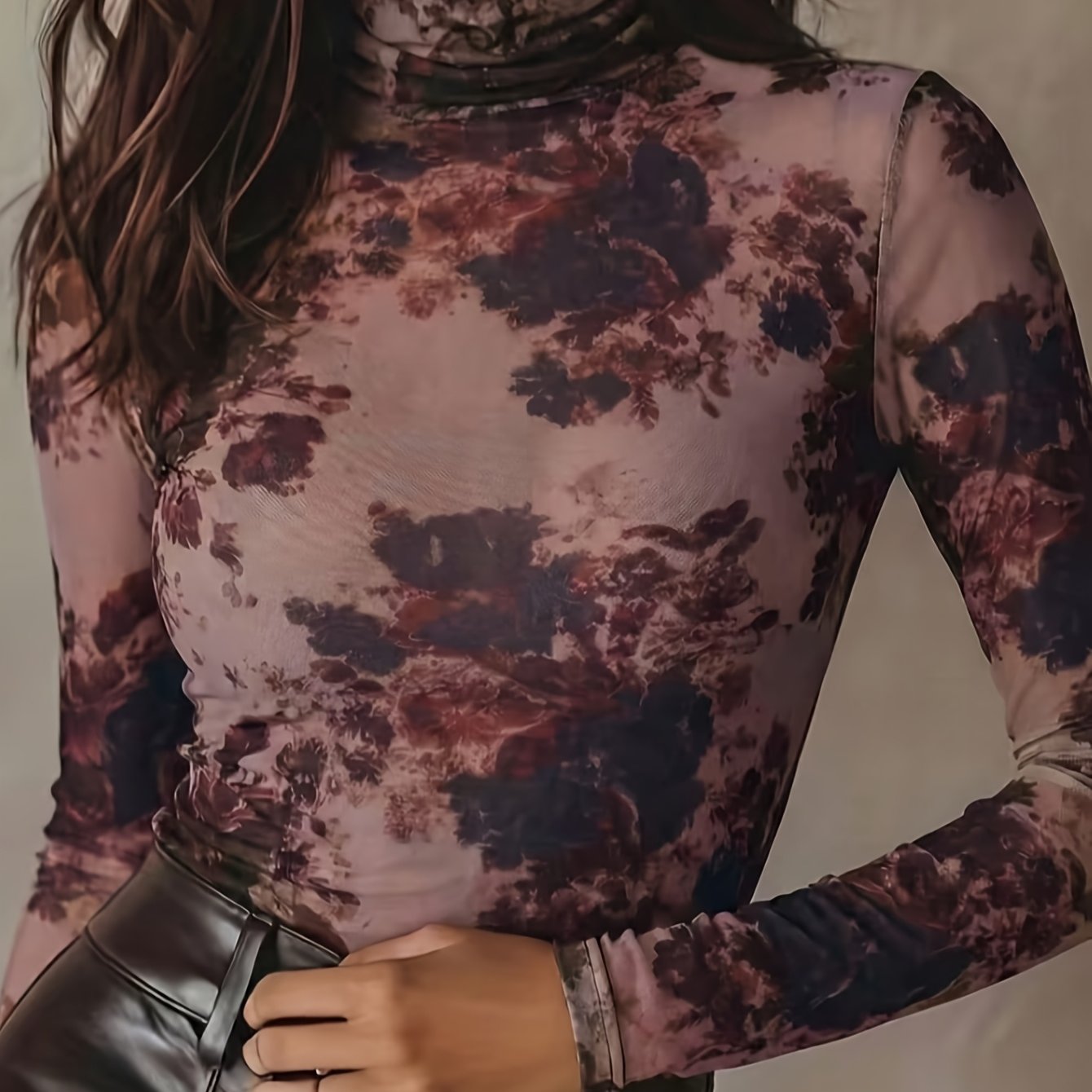 TEMU Women's Fashion T-shirt, Elegant Thin Flocked Print Mesh Long Sleeve T-shirt, Women's 2026 Early Autumn Fashion Half-turtleneck Base Layer Top