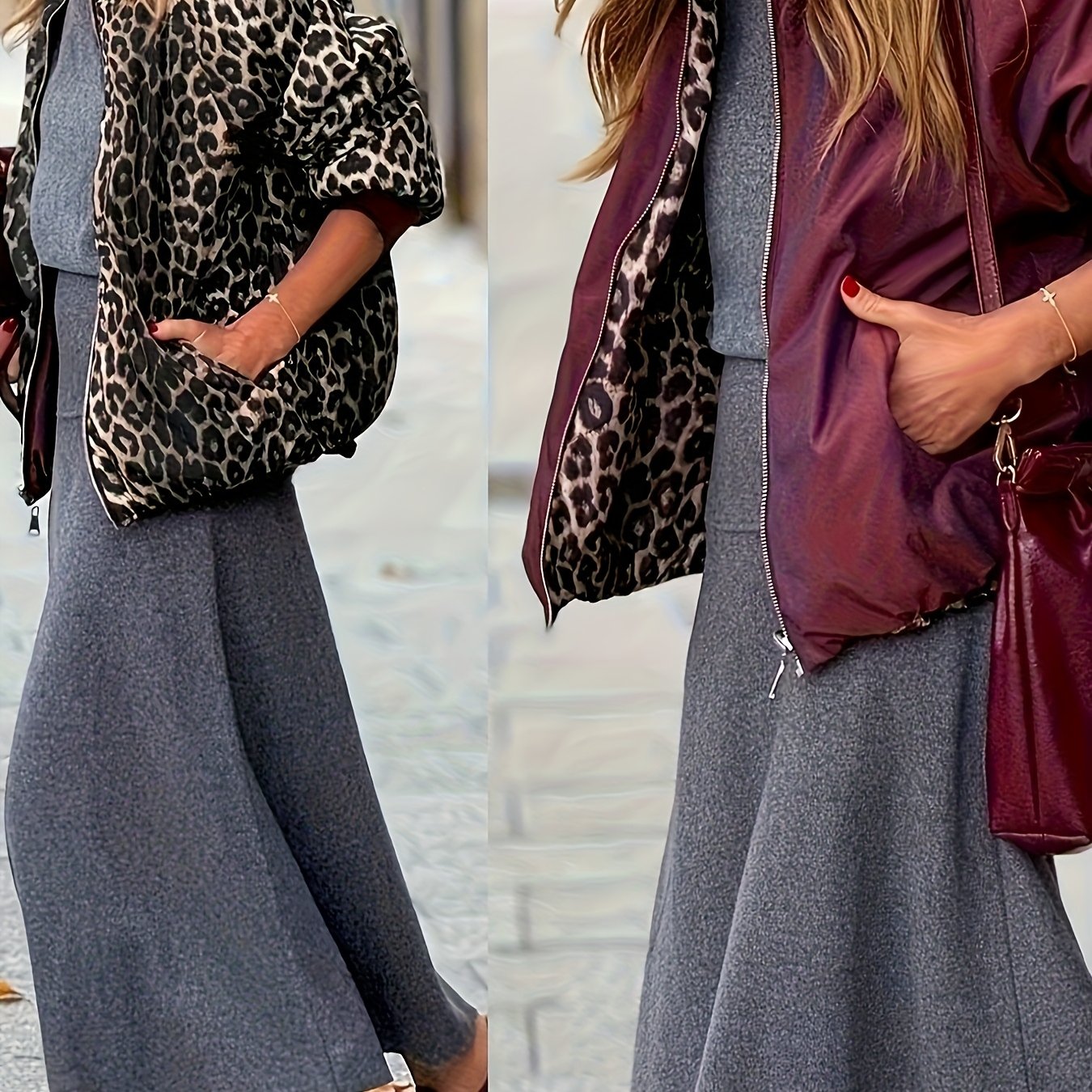 E-shop Frühlings-Sommer Regular Fit Locker Wendbare Doppelseitige Leopard Print Lässige Damenjacke, Baseball Style Langarm Urlaubskleidung, Urban