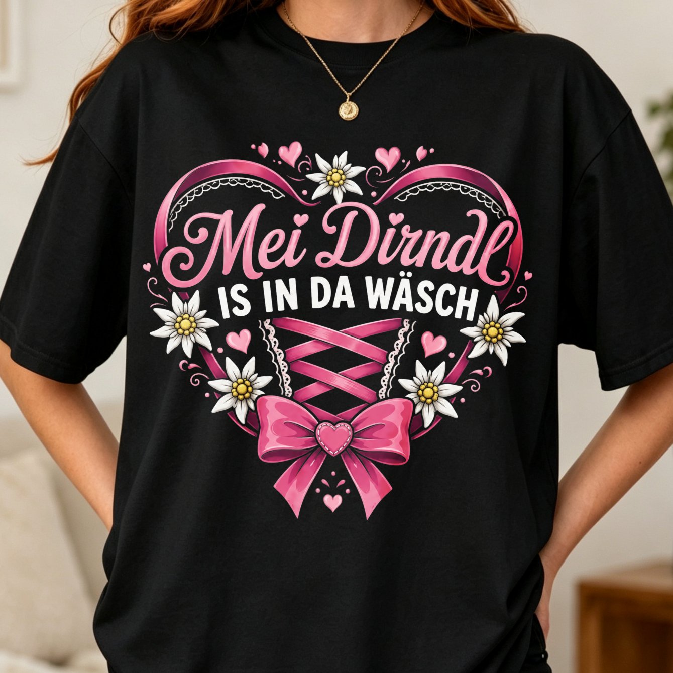 Image of Women's T-shirt Plus Size Mei Dirndl Is In Da Heart Shape Design Pink Dirndl Lacing Flowers Pink Bow With Heart Lace Oktoberfest T-shirt