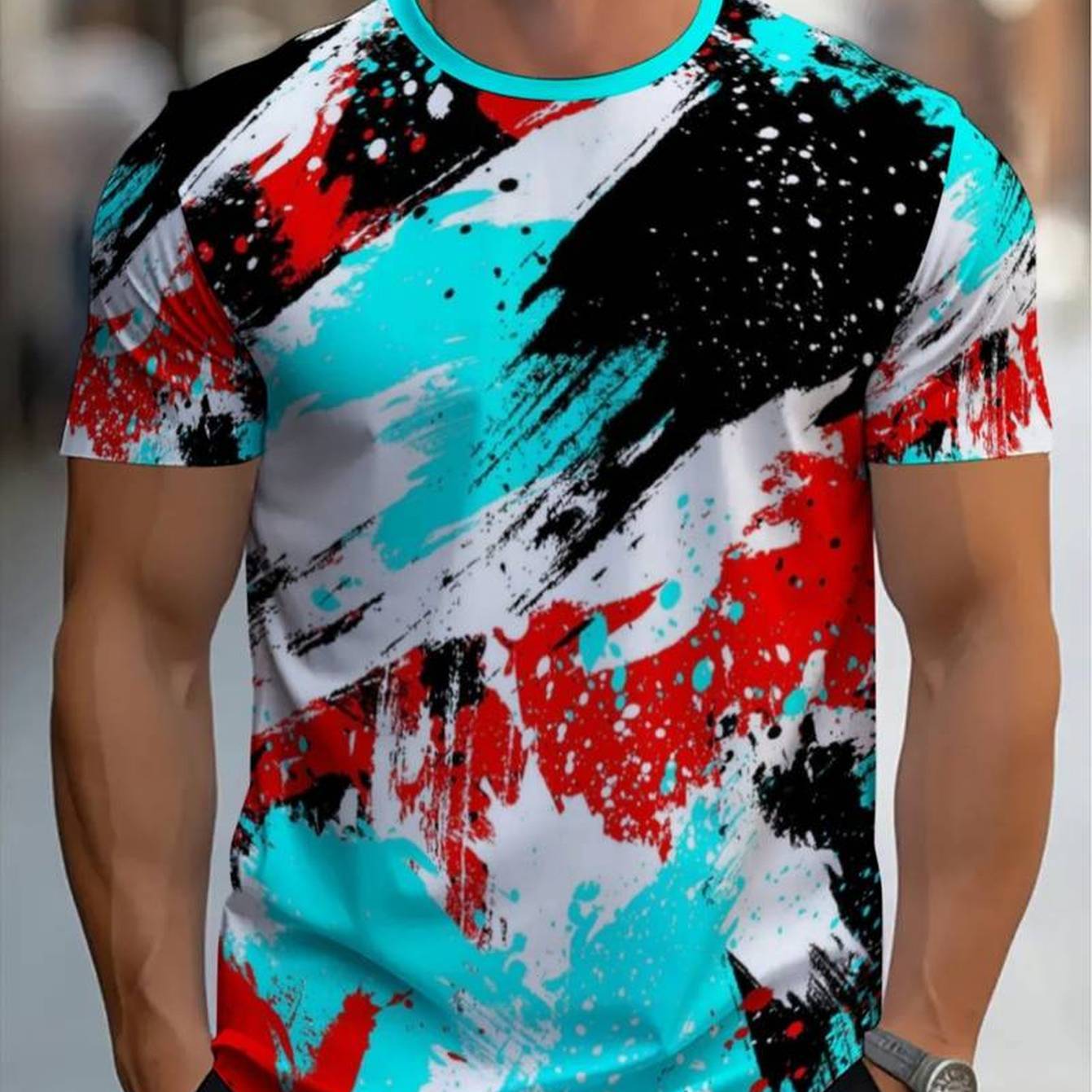 TEMU Modern Abstract T-shirt - Black/red/ Color Block Ink Splatter, Round Neck Casual Short Sleeve Tee Suitable For - Wear, Machine Washable Urban