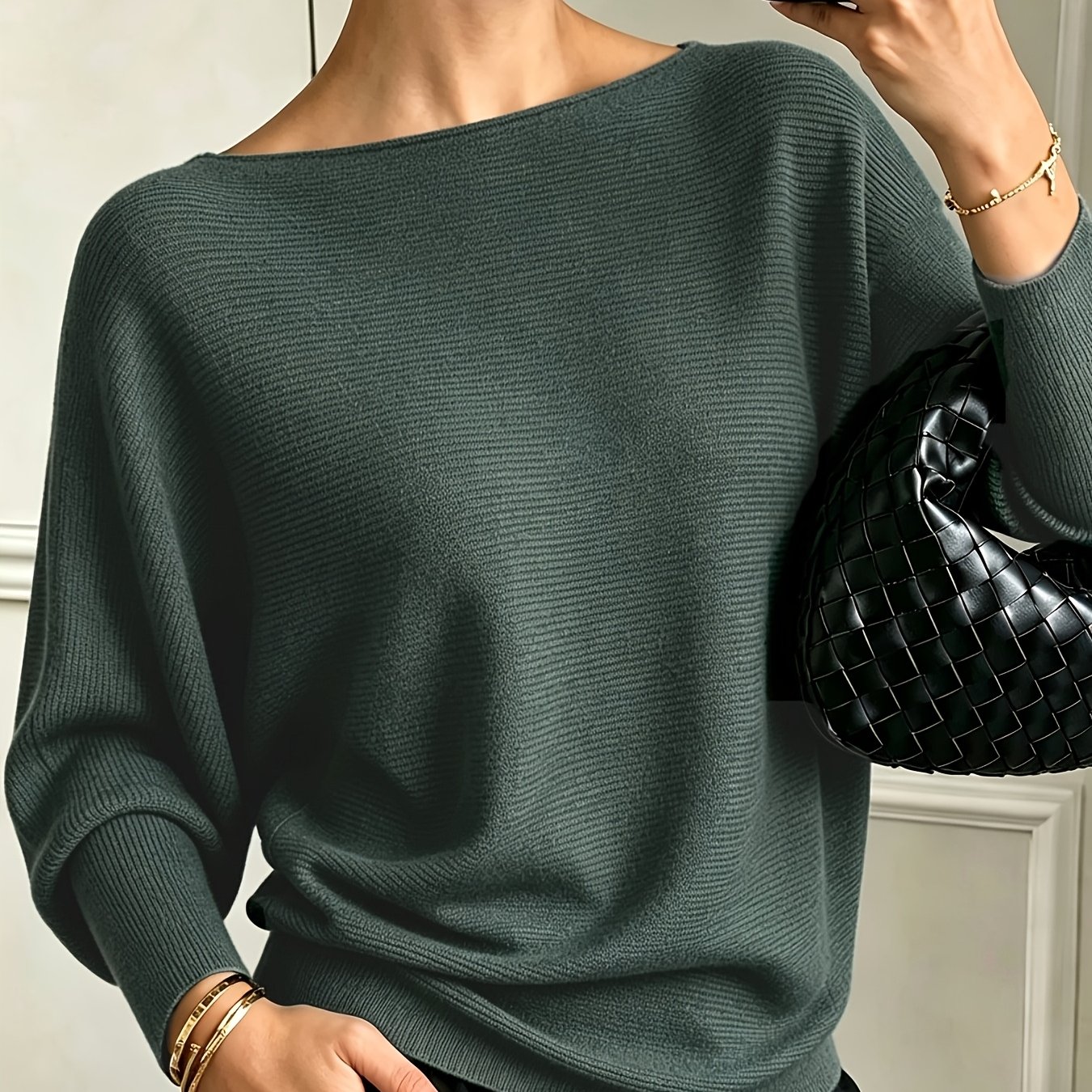 TEMU Haut uni à col rond , pull à manches longues et épaules dénudées, blouse décontractée pour tous