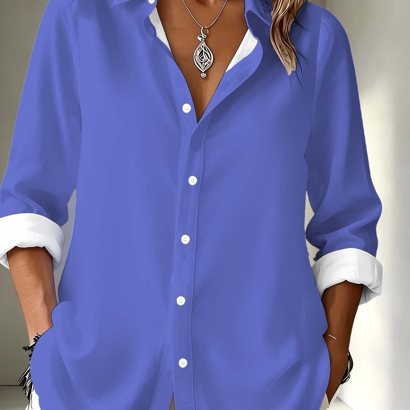 TEMU Women's Royal Blue Lapel Long Sleeve Shirt, Loose Single-button Easy Casual Versatile Women's Blouse
