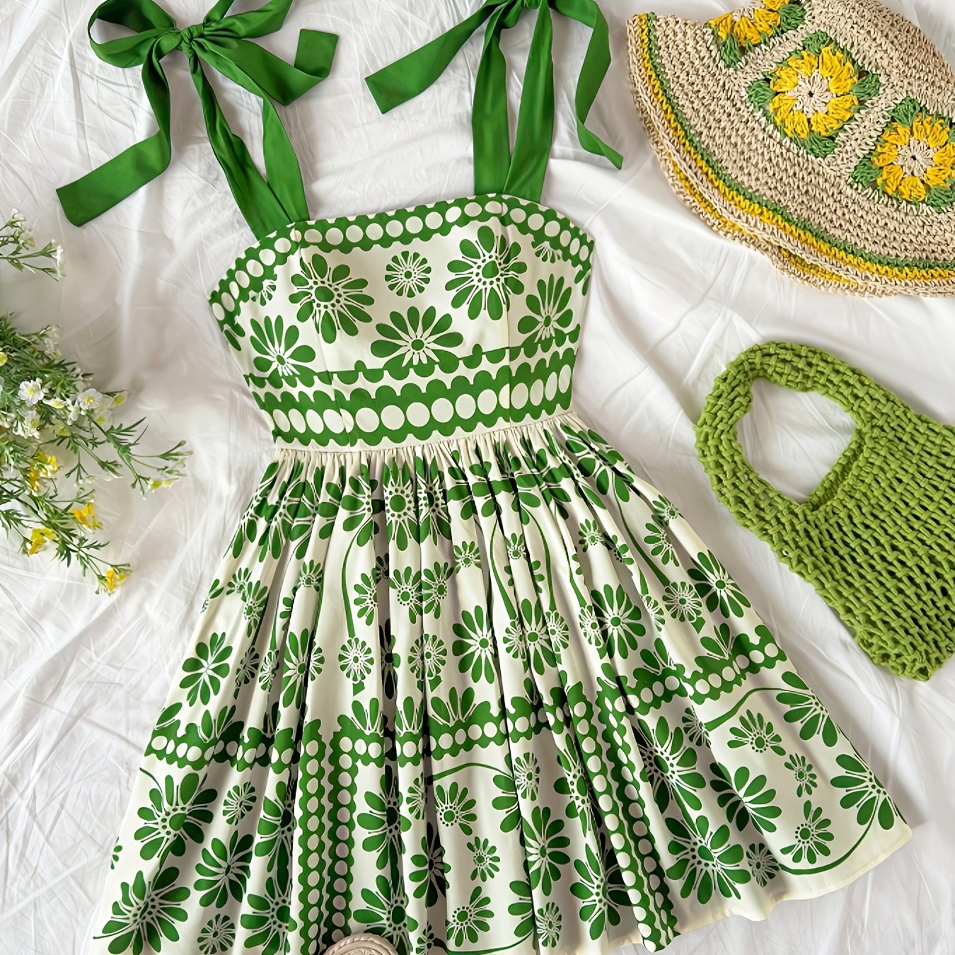 TEMU Vestido elegante sin con cinturón de y cordón para , estampado floral para de festival de vacaciones , con cintura elástica y corte en A