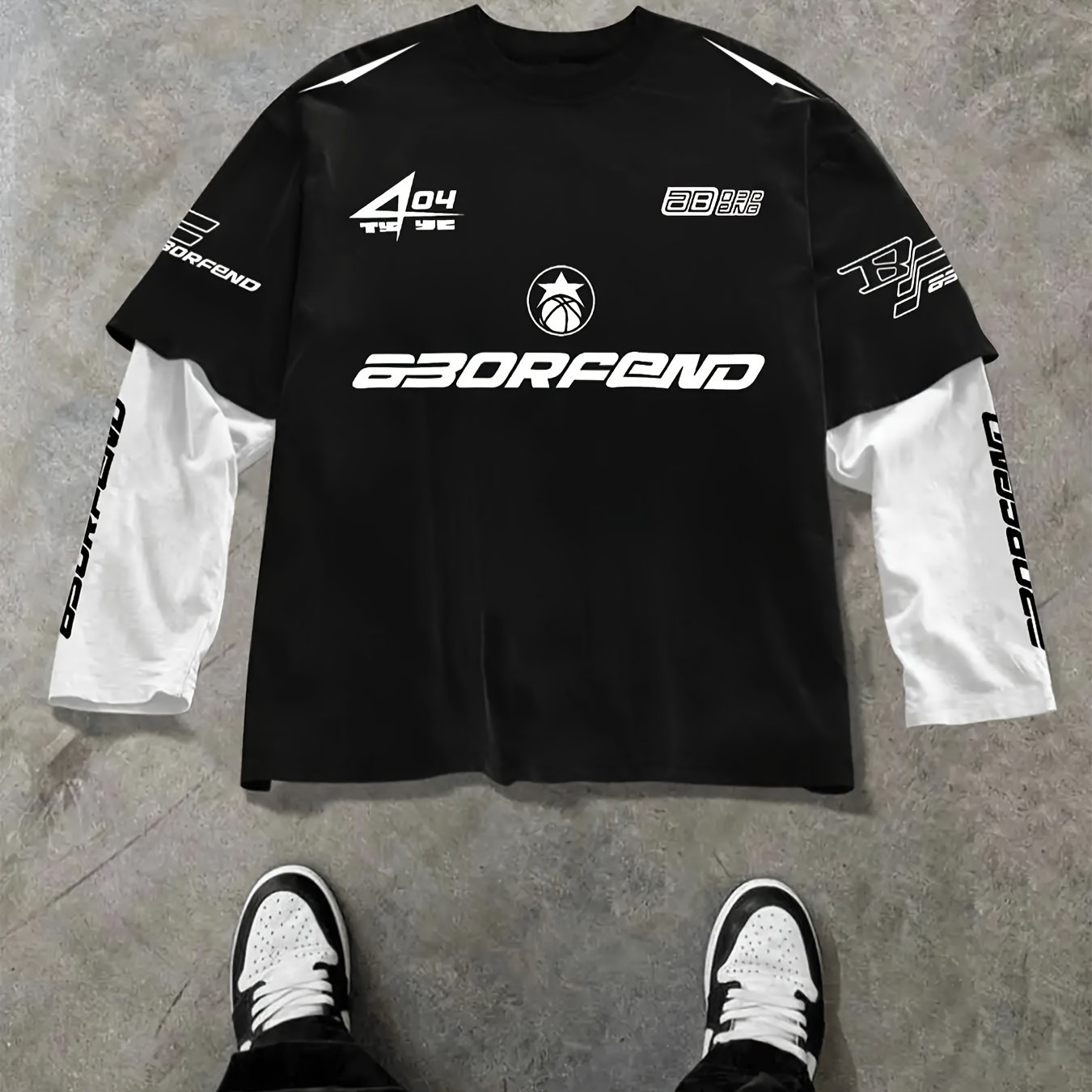 TEMU Men's Black And White Contrast Color Letter Basketball Print 2-in-1 Look Long Sleeve T-shirt