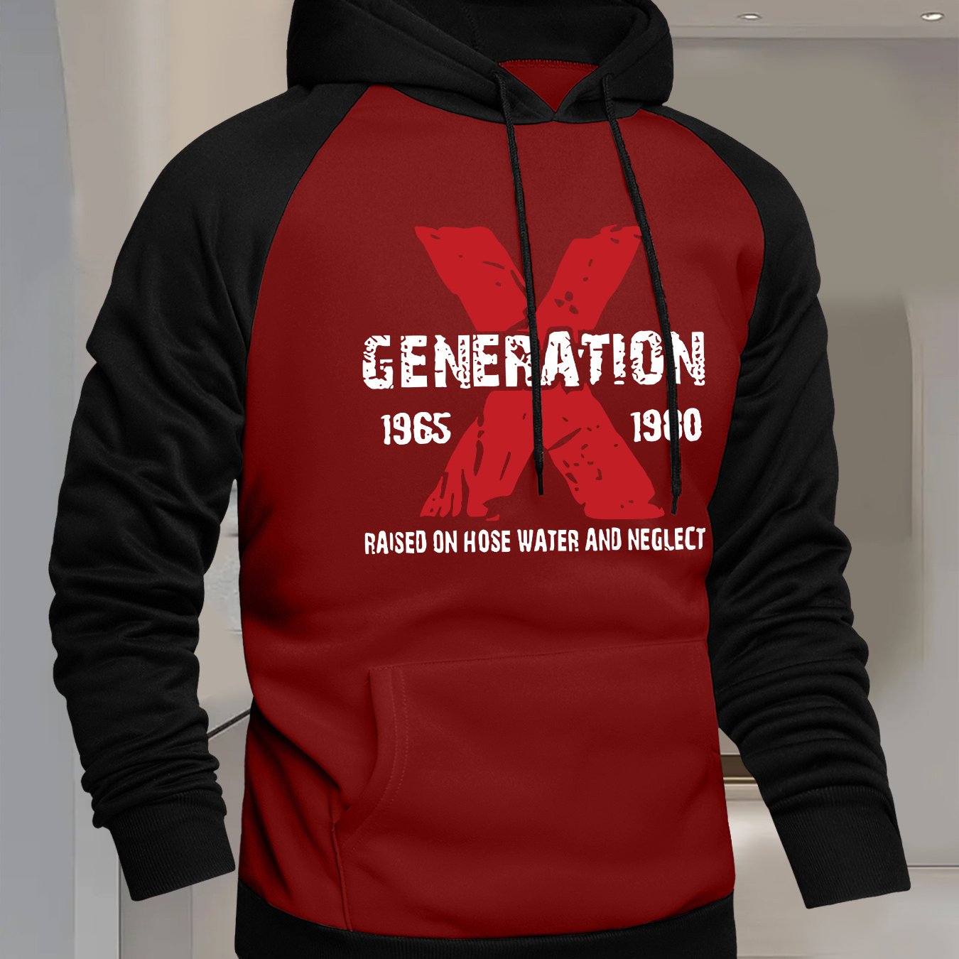 TEMU Men's Hooded Color- Sweatshirt, Casual And Versatile With A Stylish X-pattern Print, Featuring A Color- Design And Raglan Sleeves